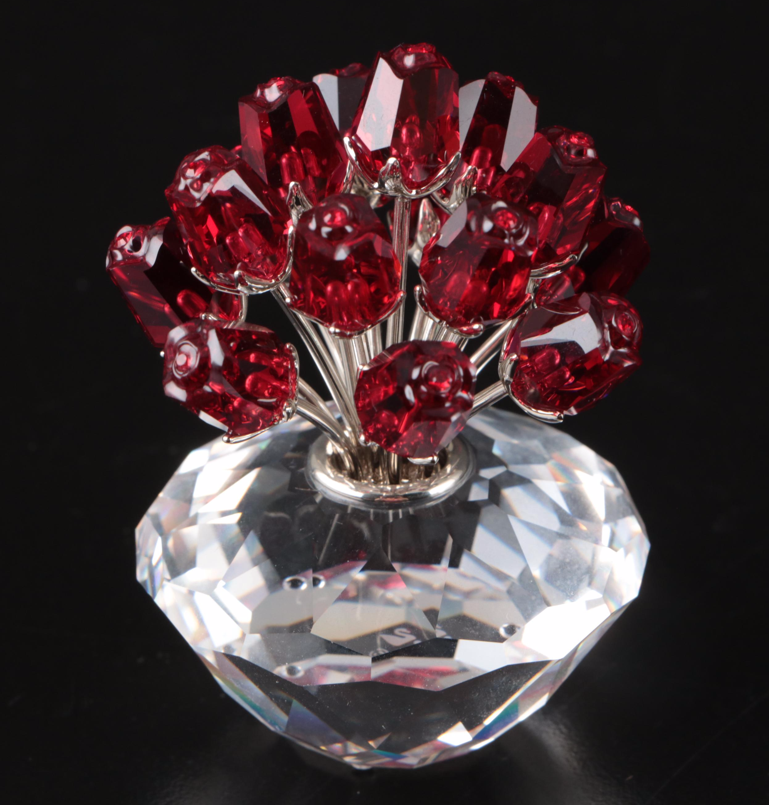 Swarovski "The Rose," "Small Water Lily" and "Vase of Roses" Crystal Figurines