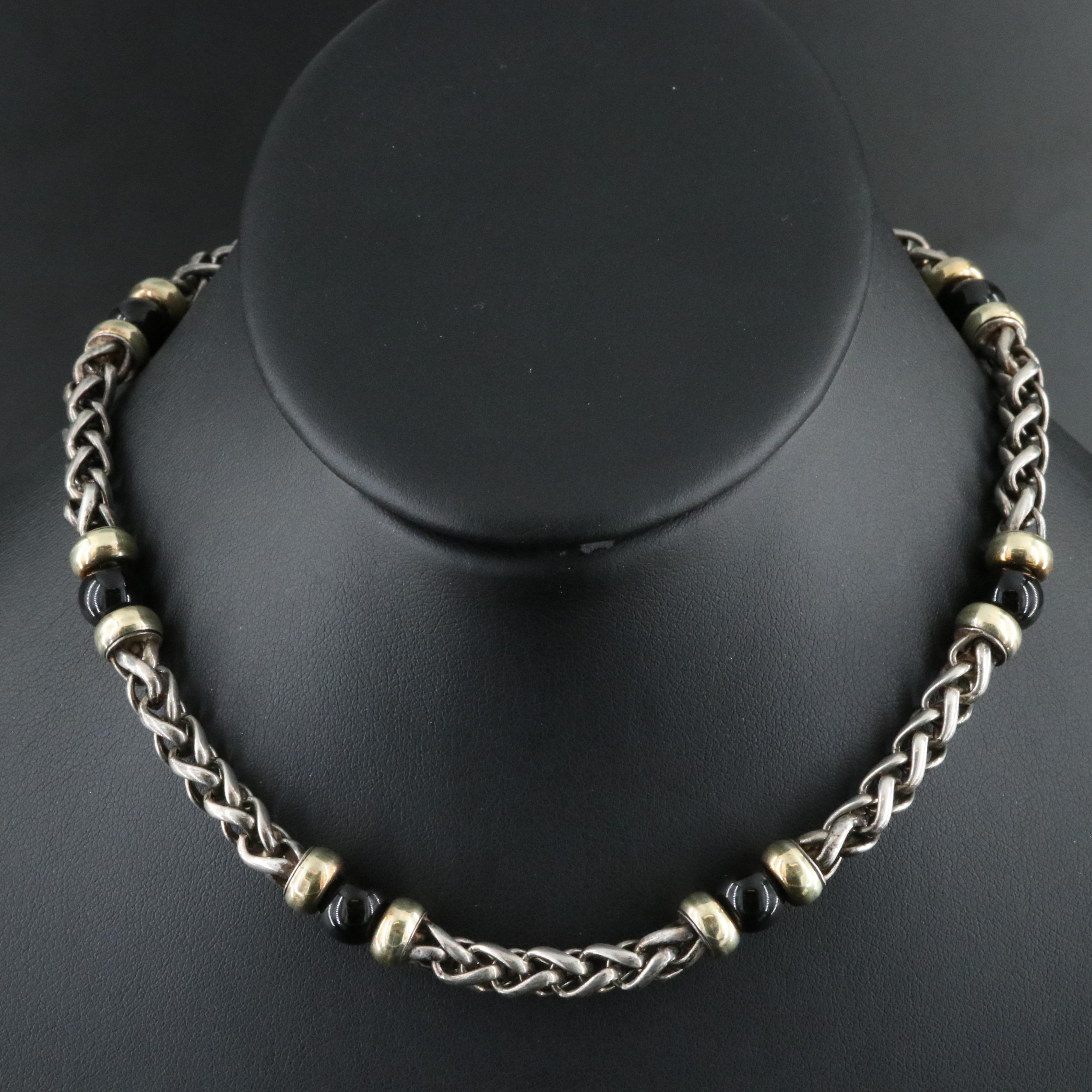 David Yurman Sterling and Black Onyx Bead Station Necklace with 14K Rondelles