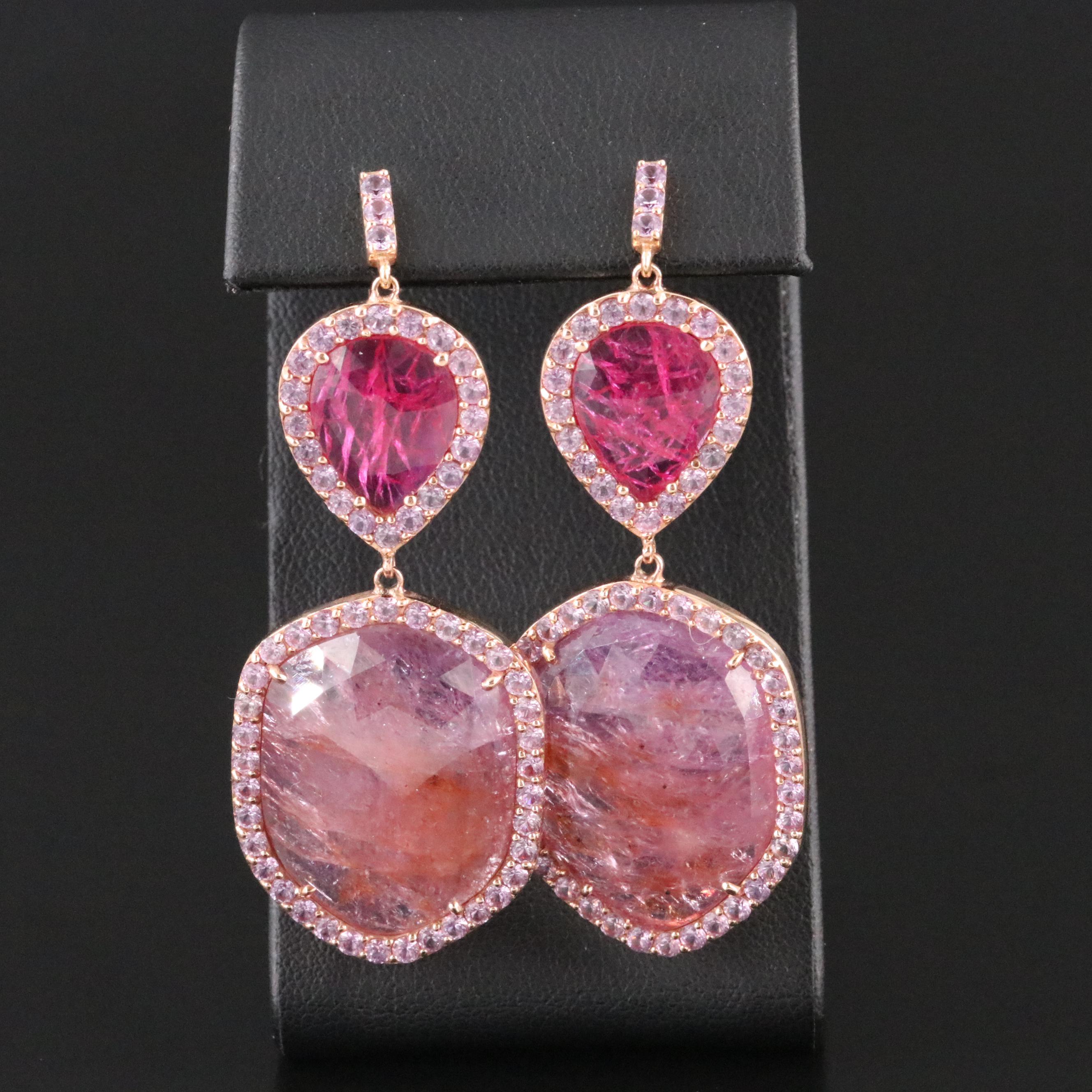 14K Rose Gold with Filled Corundum and Pink Sapphire Dangle Earrings