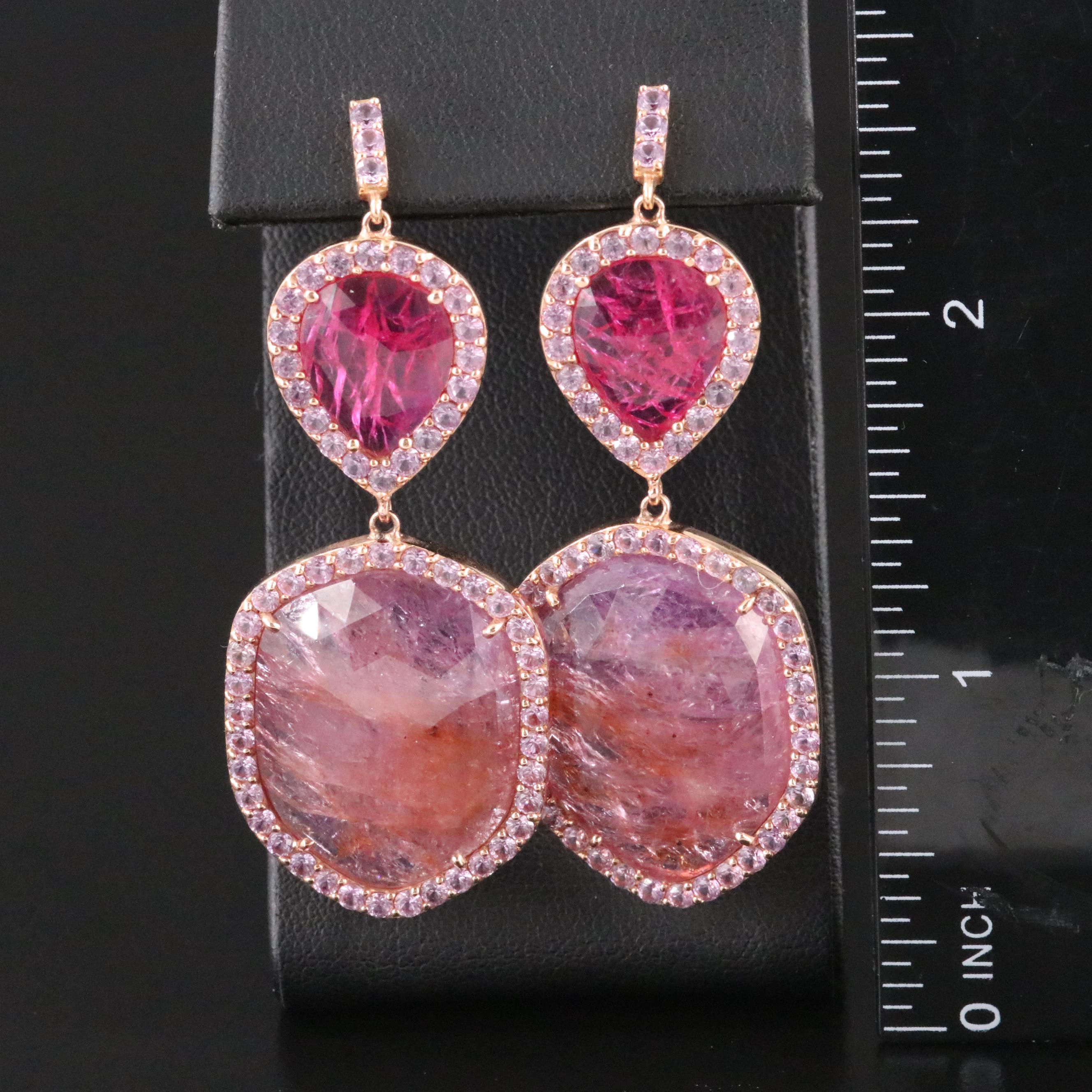 14K Rose Gold with Filled Corundum and Pink Sapphire Dangle Earrings