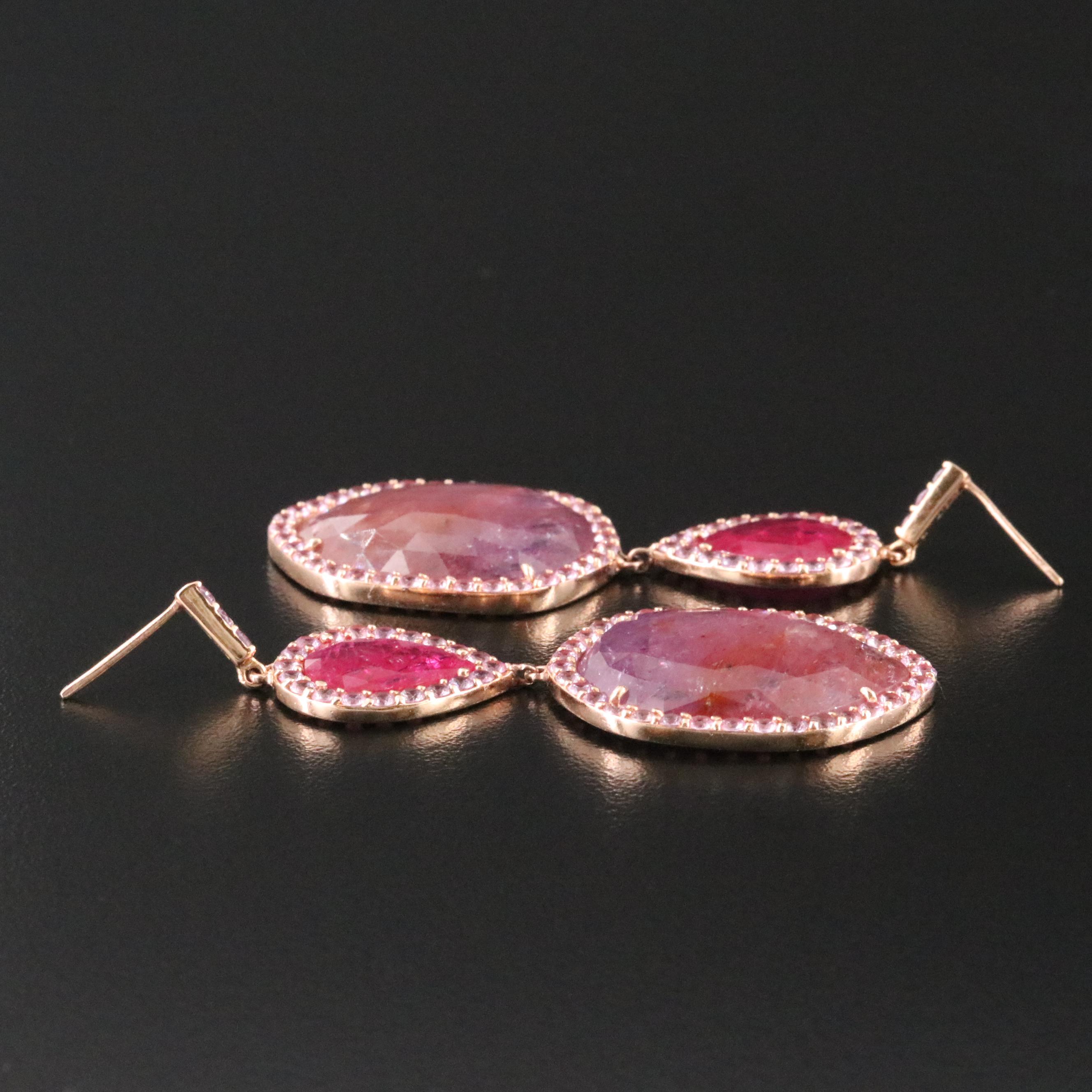 14K Rose Gold with Filled Corundum and Pink Sapphire Dangle Earrings