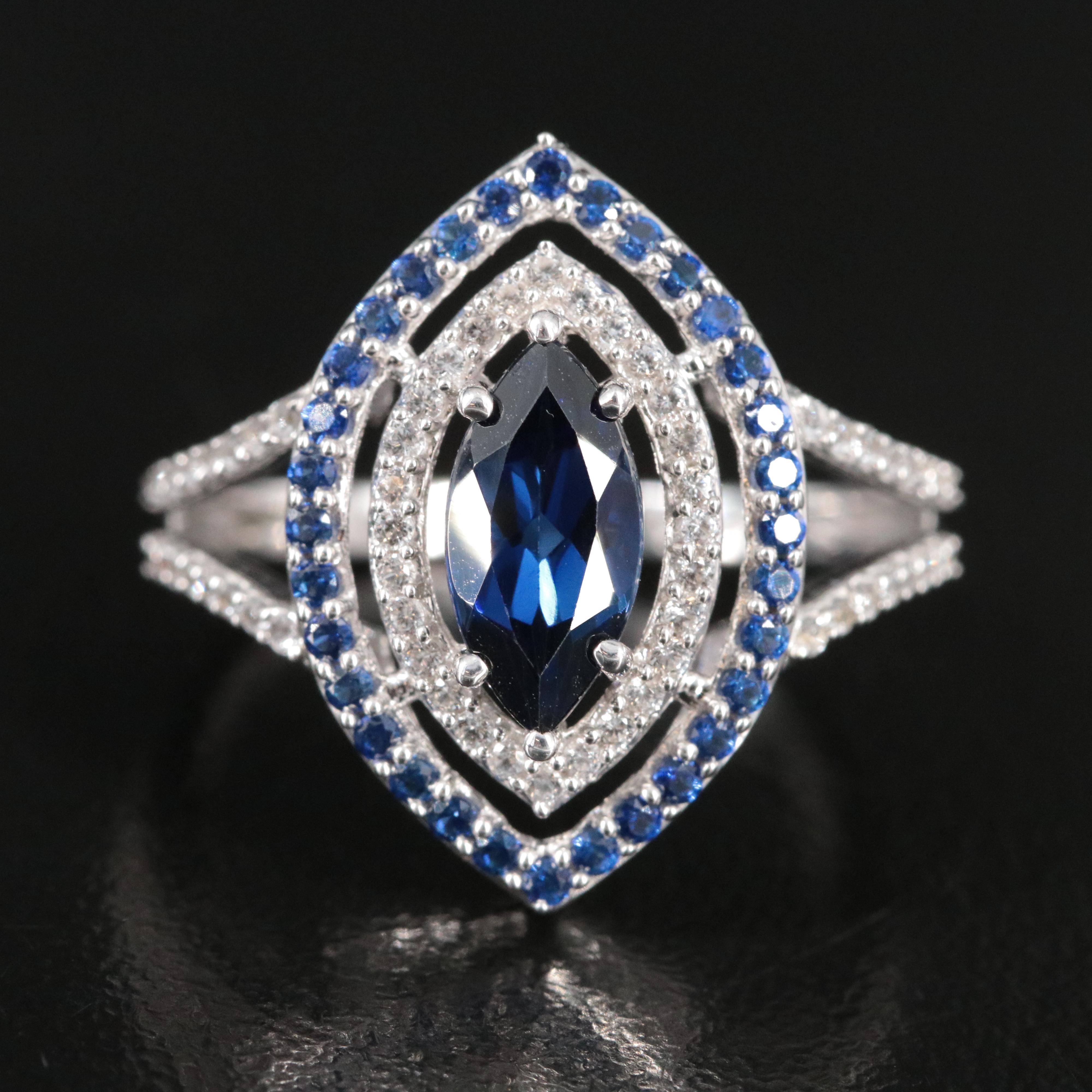 Sterling Blue Sapphire and White Sapphire Open Work Ring