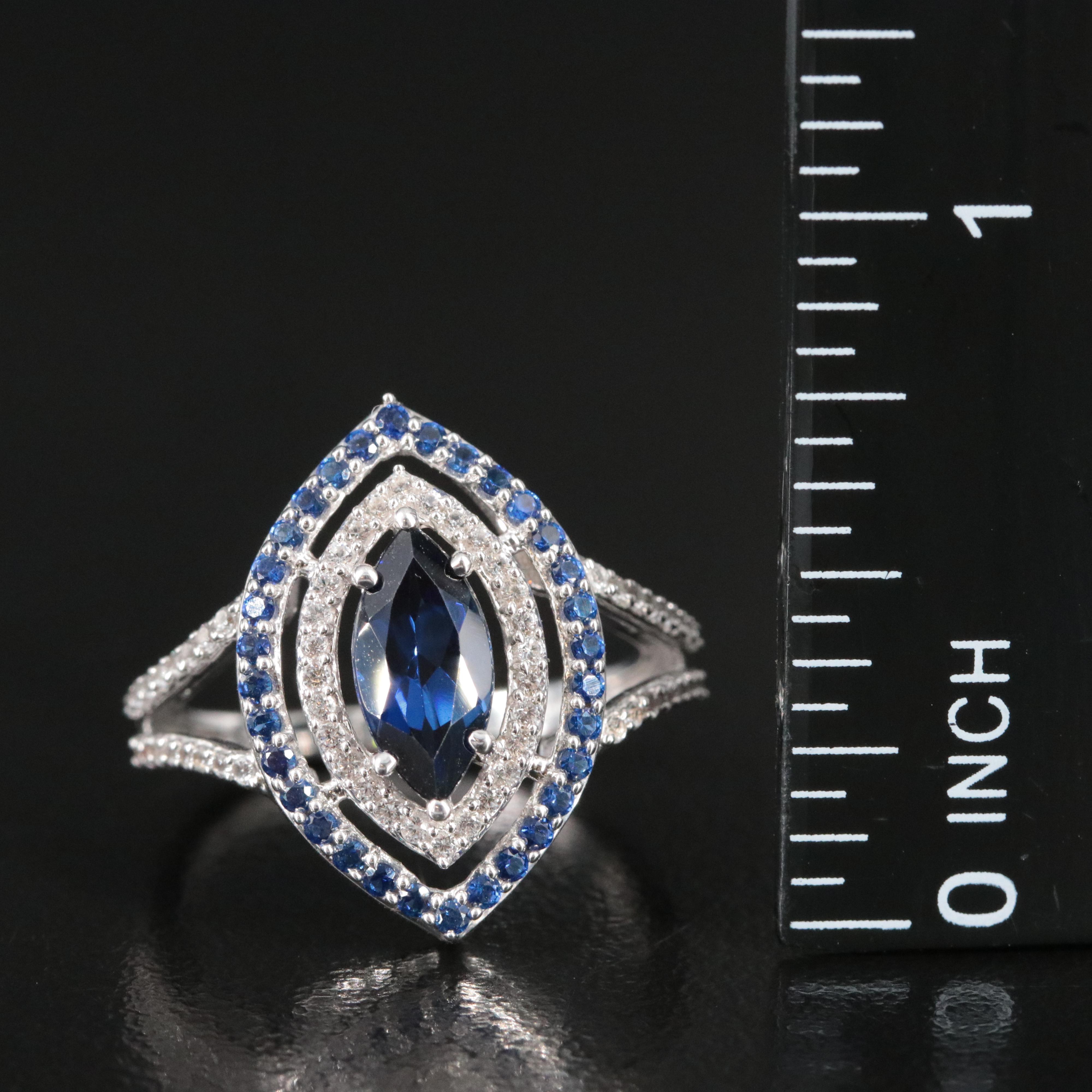 Sterling Blue Sapphire and White Sapphire Open Work Ring
