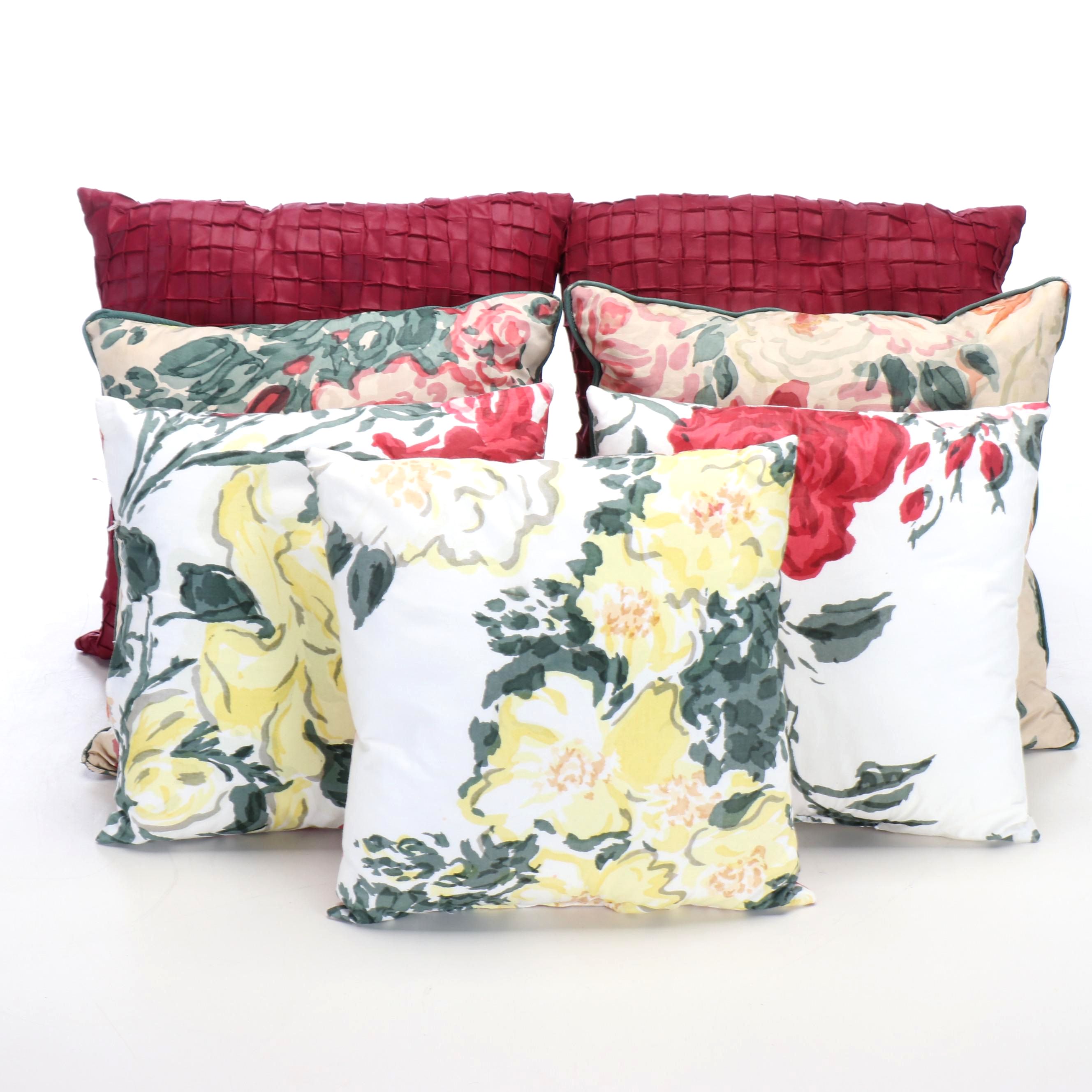 Floral Print and Pintuck Maroon Accent Pillows