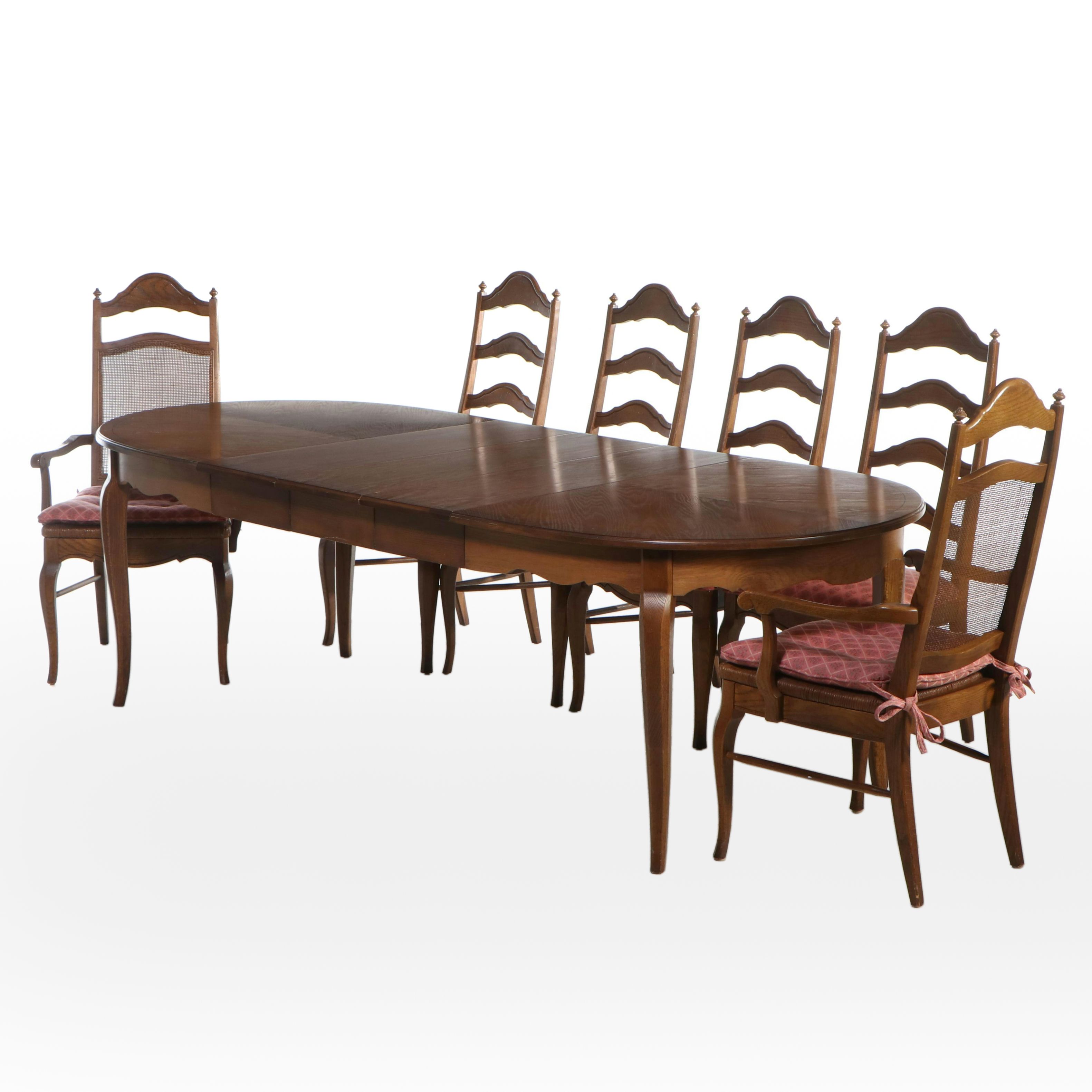 Seven-Piece French Provincial Style Oak Dining Set with Rush-Bottom Chairs