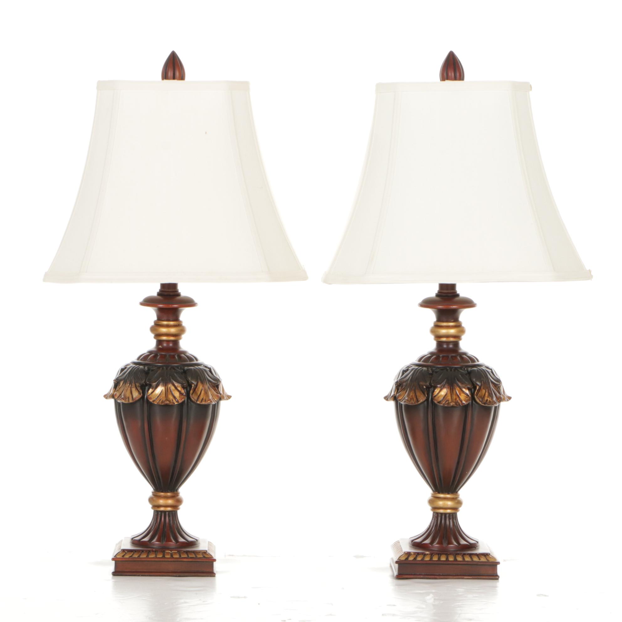 Tuscan Style Acanthus Leaf Fluted Urn Table Lamps with Silk Square Bell Shades