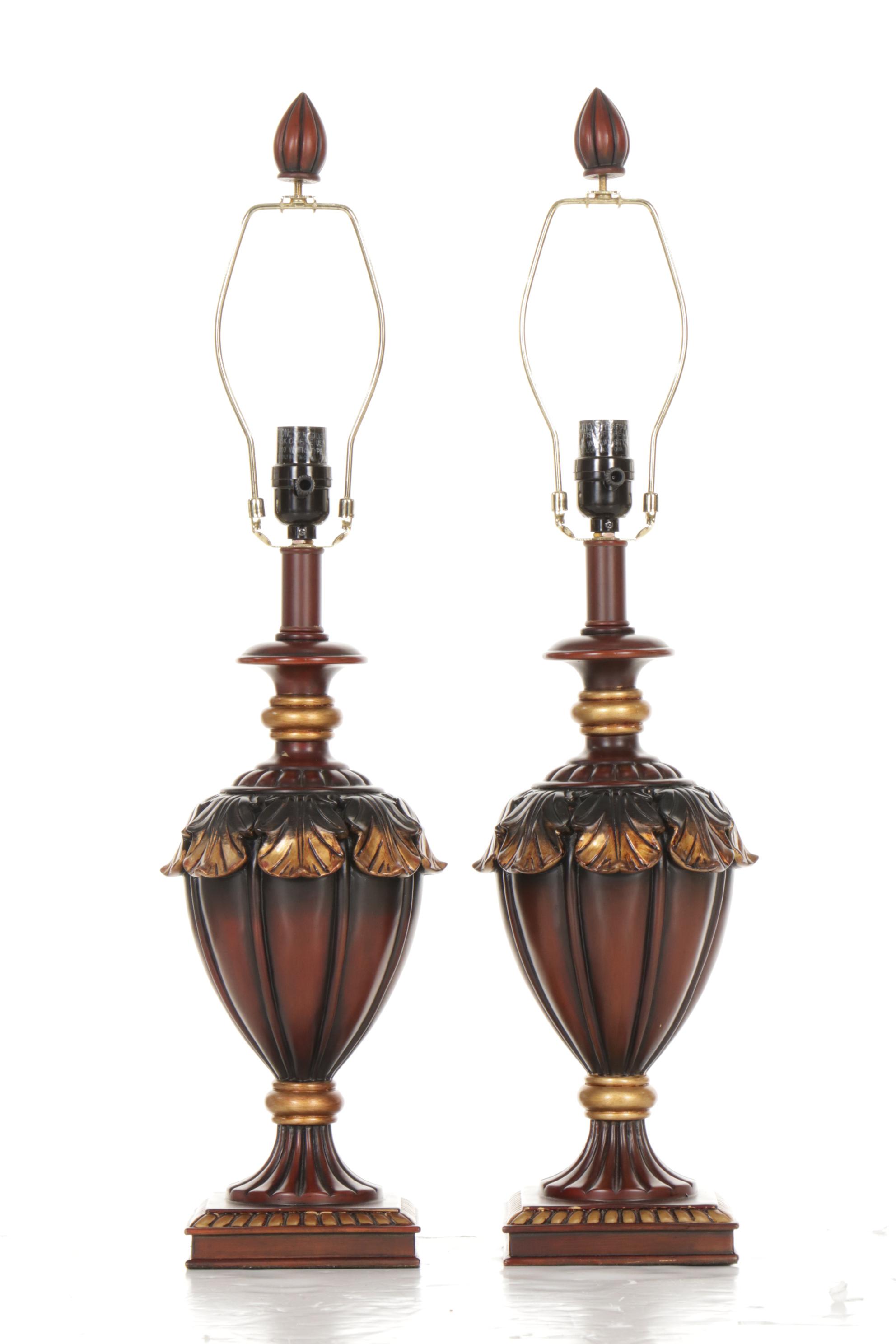Tuscan Style Acanthus Leaf Fluted Urn Table Lamps with Silk Square Bell Shades