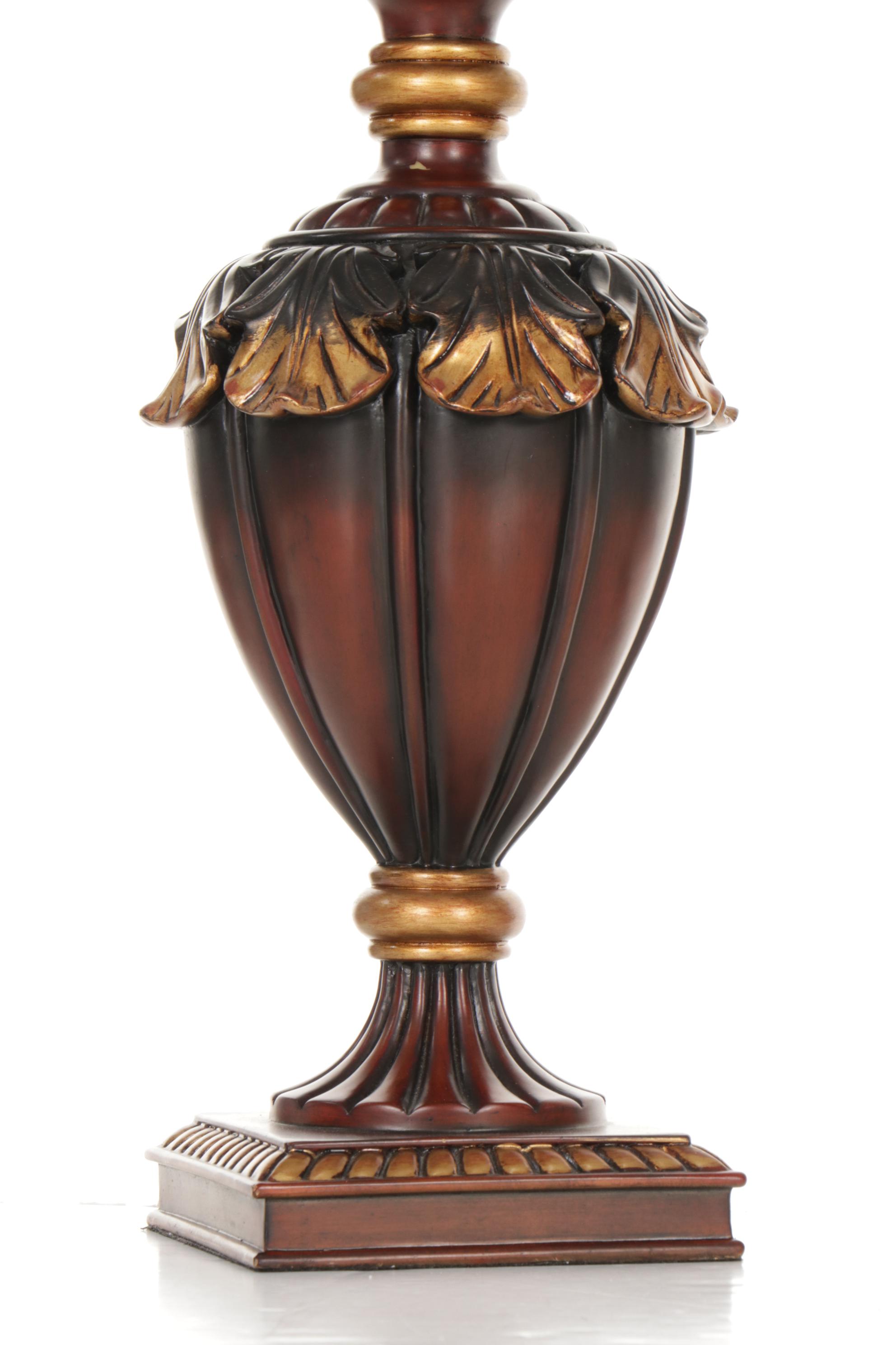 Tuscan Style Acanthus Leaf Fluted Urn Table Lamps with Silk Square Bell Shades
