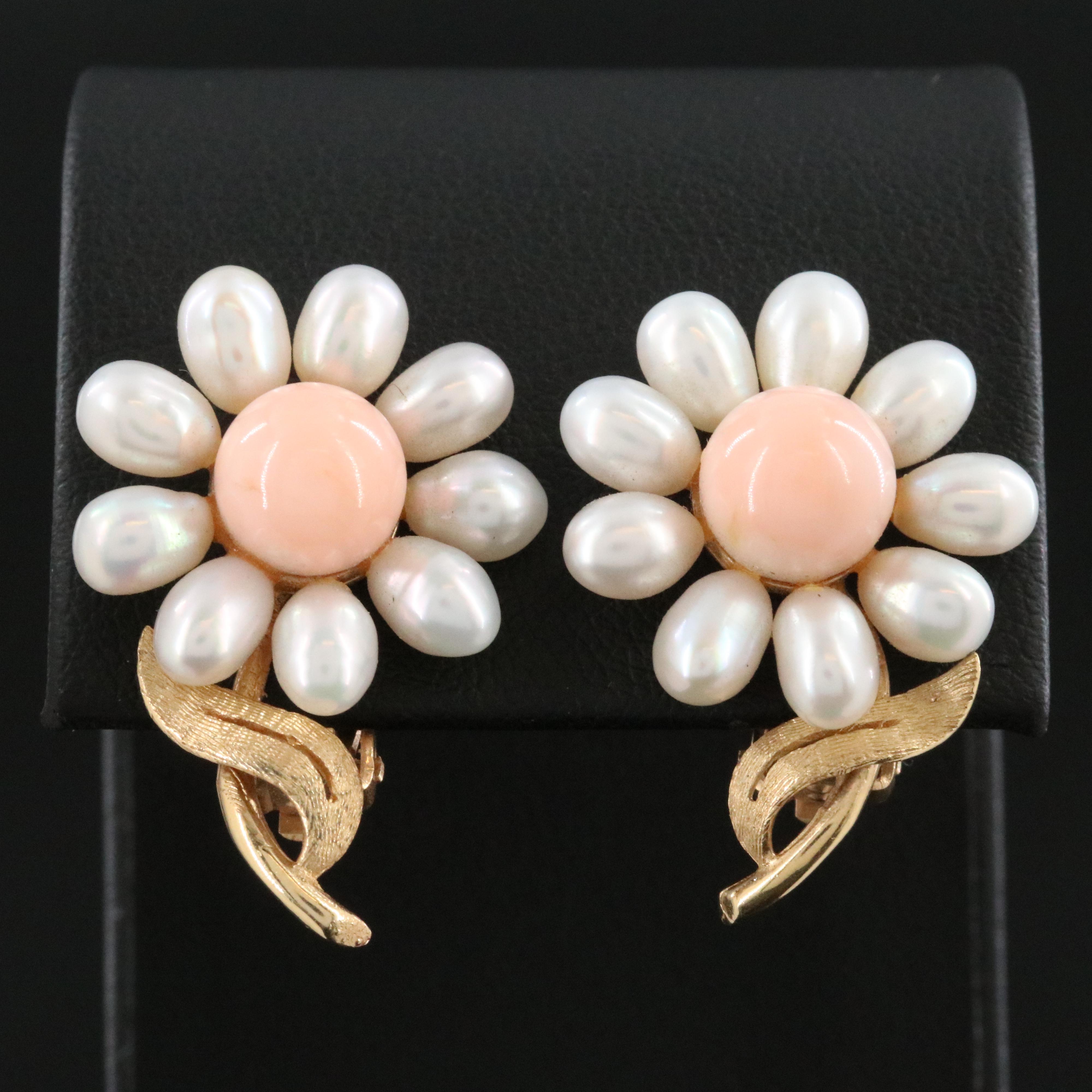 14K Pearl and Coral Flower Earrings