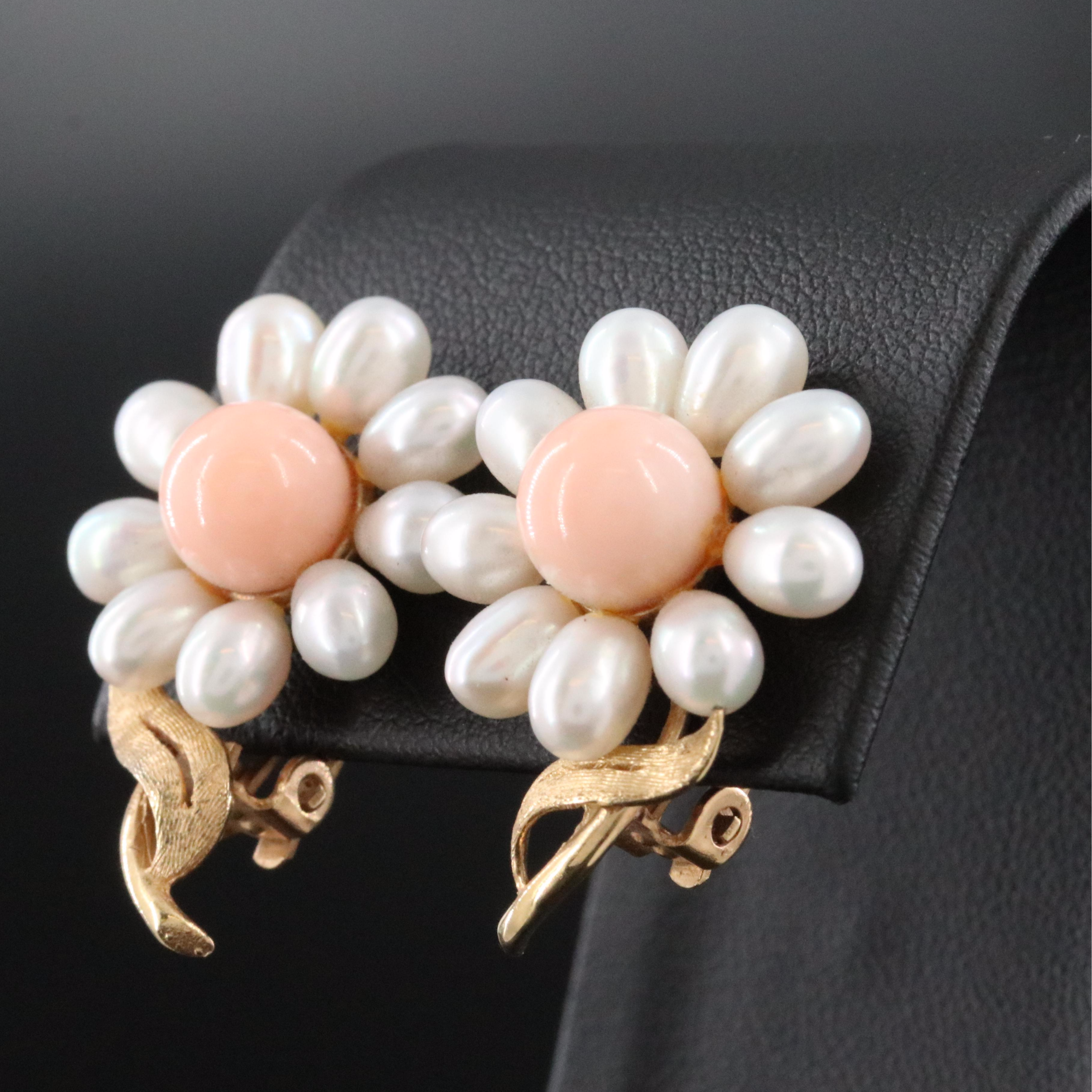 14K Pearl and Coral Flower Earrings