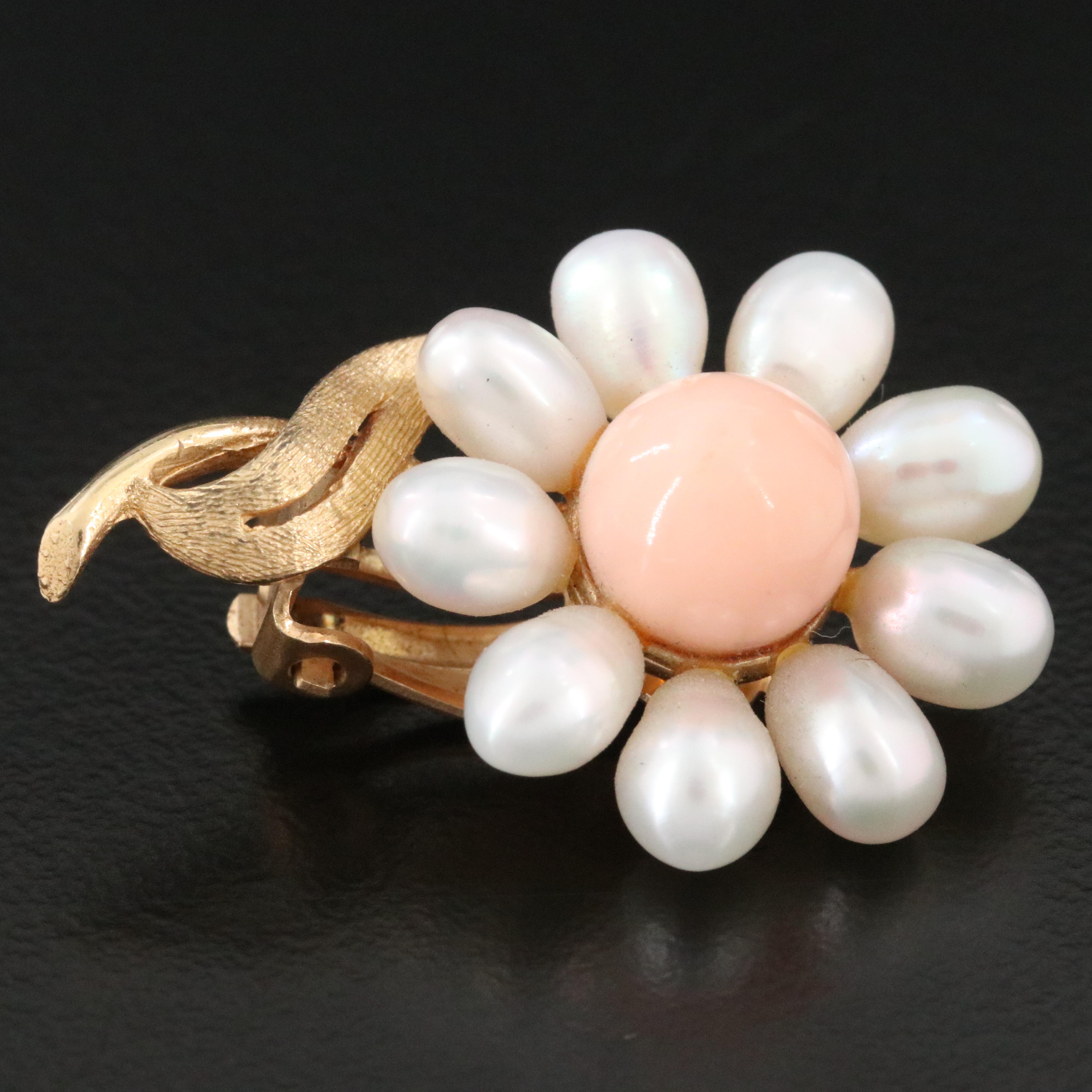 14K Pearl and Coral Flower Earrings