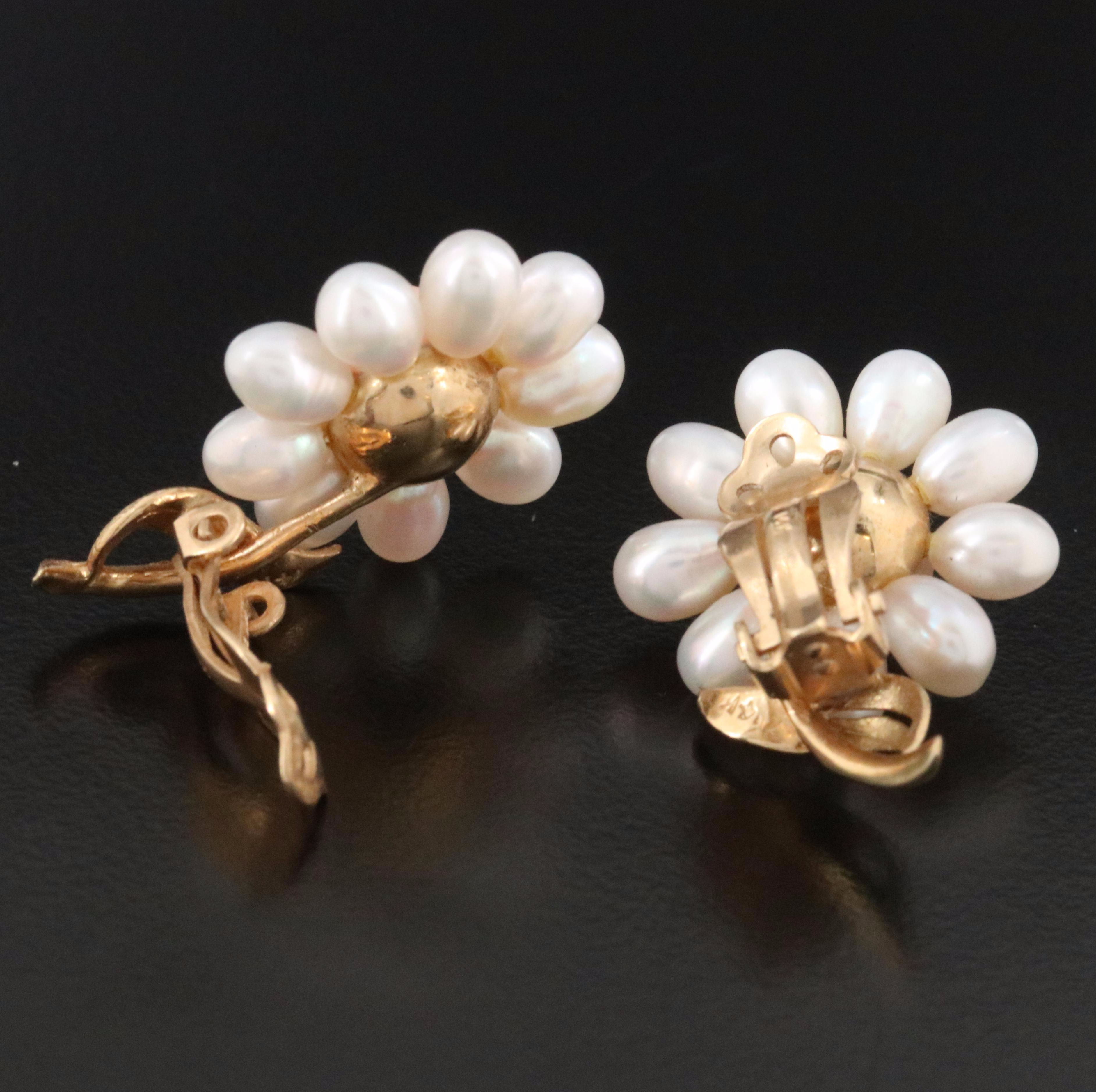 14K Pearl and Coral Flower Earrings