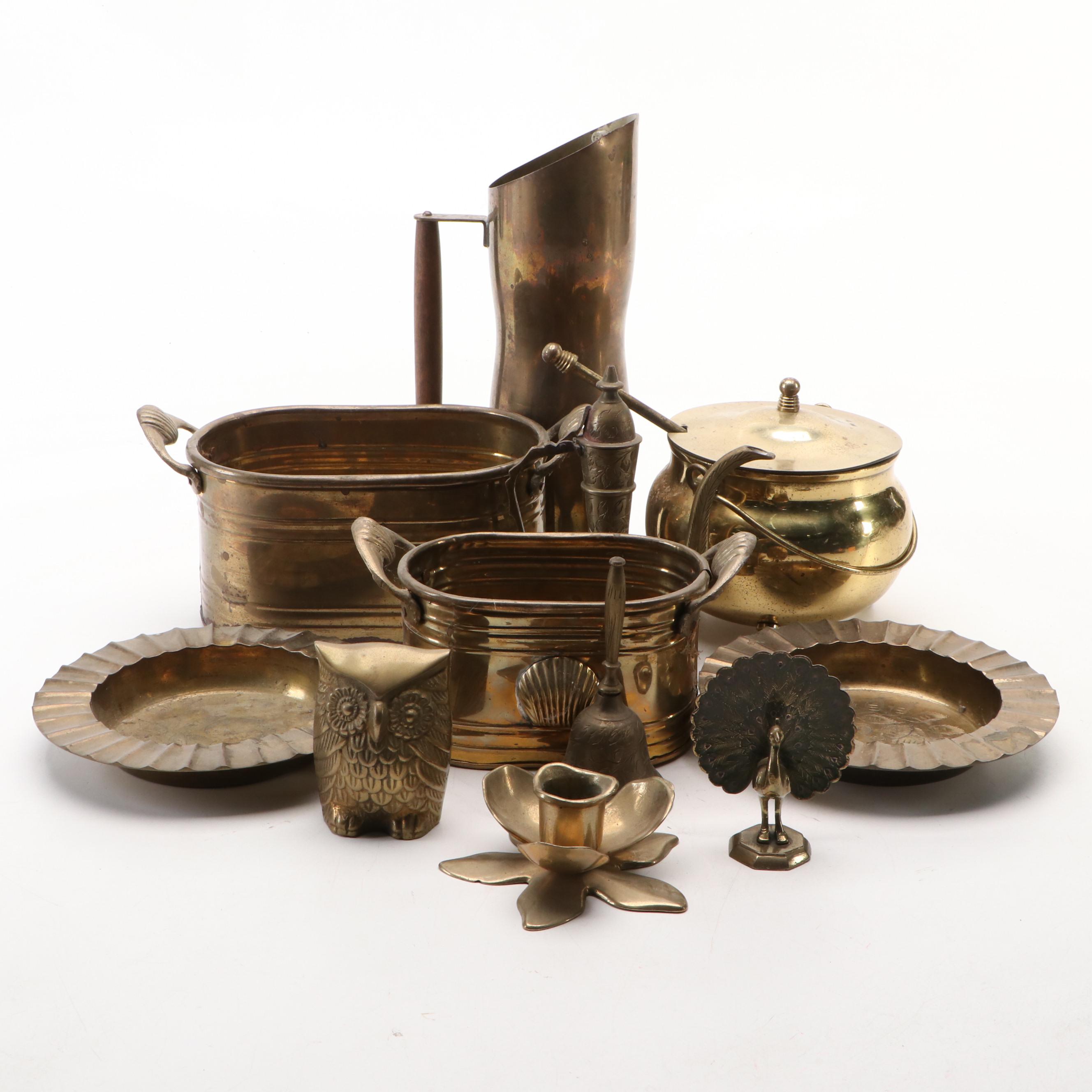 Indian Etched Brass Ewer, Handled Brass Planters, and Other Brass Décor