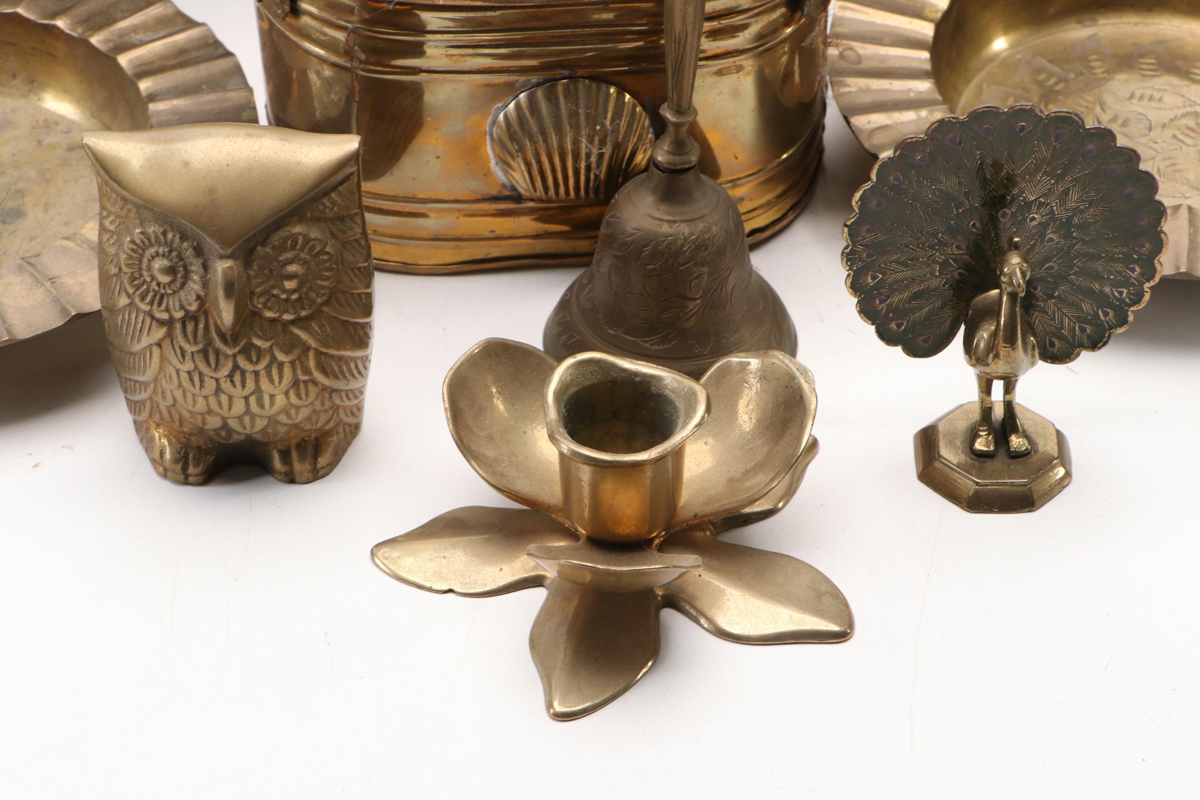 Indian Etched Brass Ewer, Handled Brass Planters, and Other Brass Décor