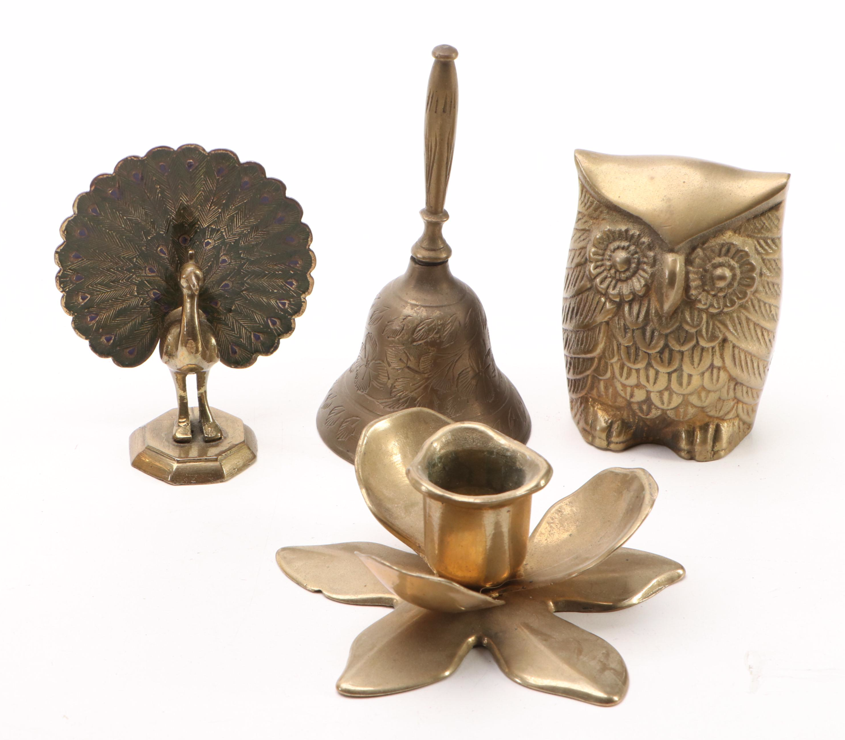 Indian Etched Brass Ewer, Handled Brass Planters, and Other Brass Décor