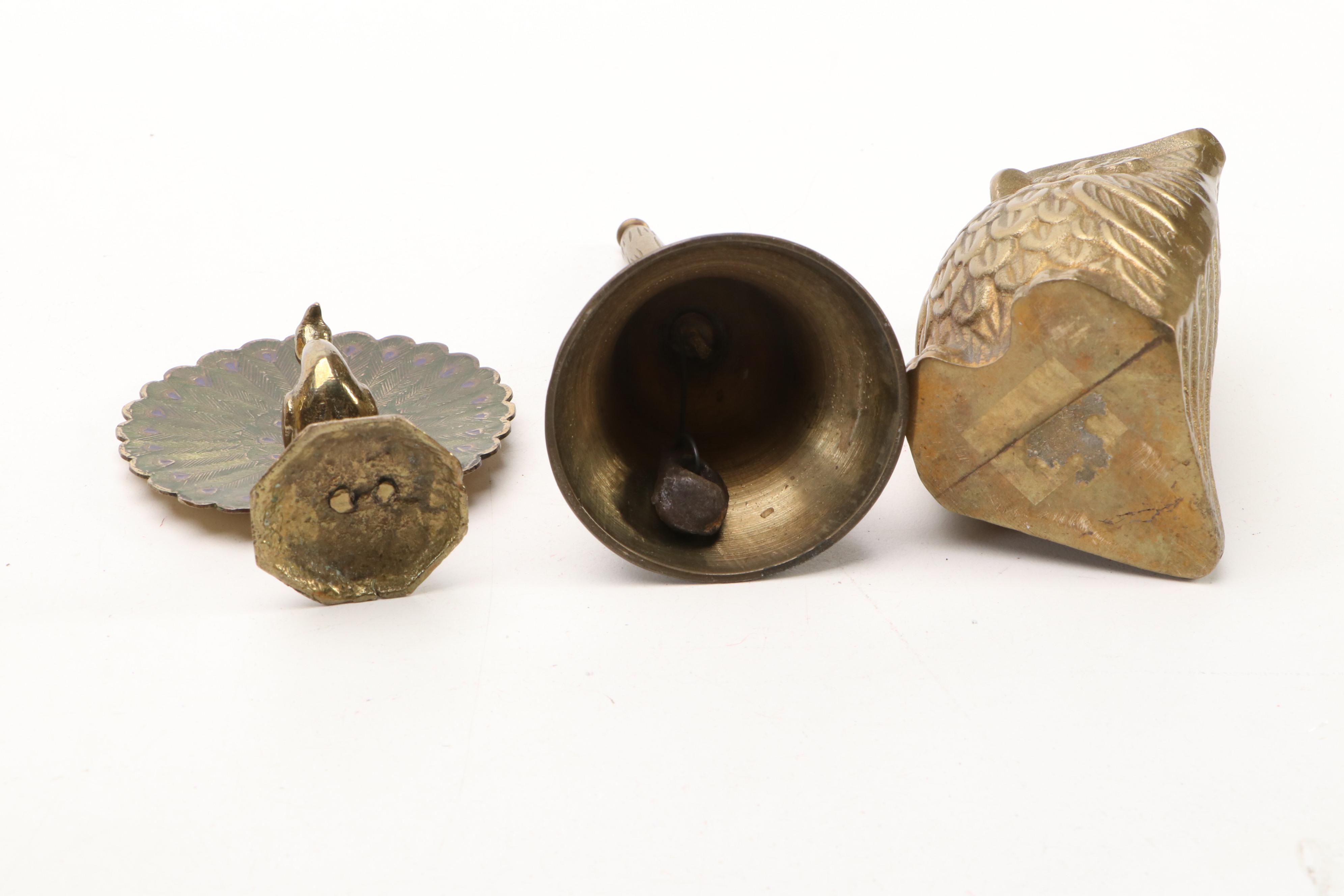 Indian Etched Brass Ewer, Handled Brass Planters, and Other Brass Décor