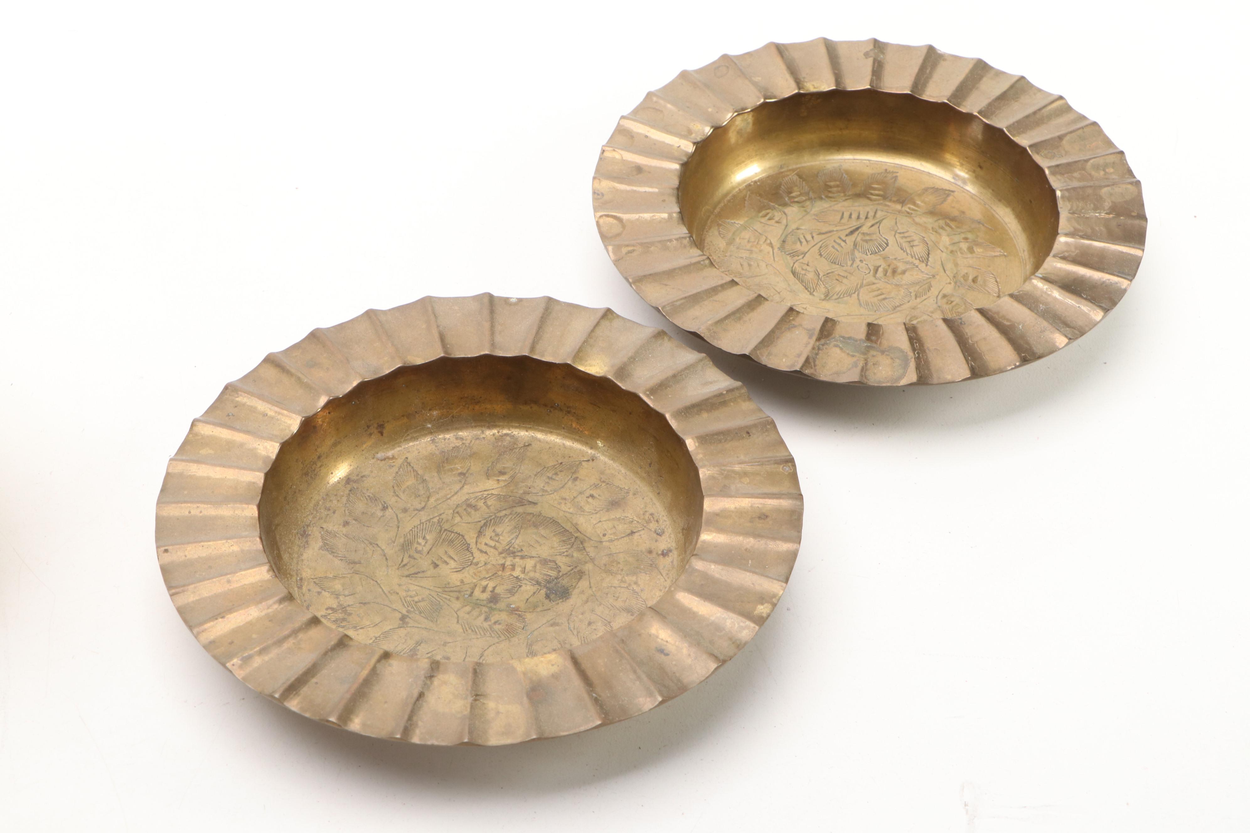 Indian Etched Brass Ewer, Handled Brass Planters, and Other Brass Décor