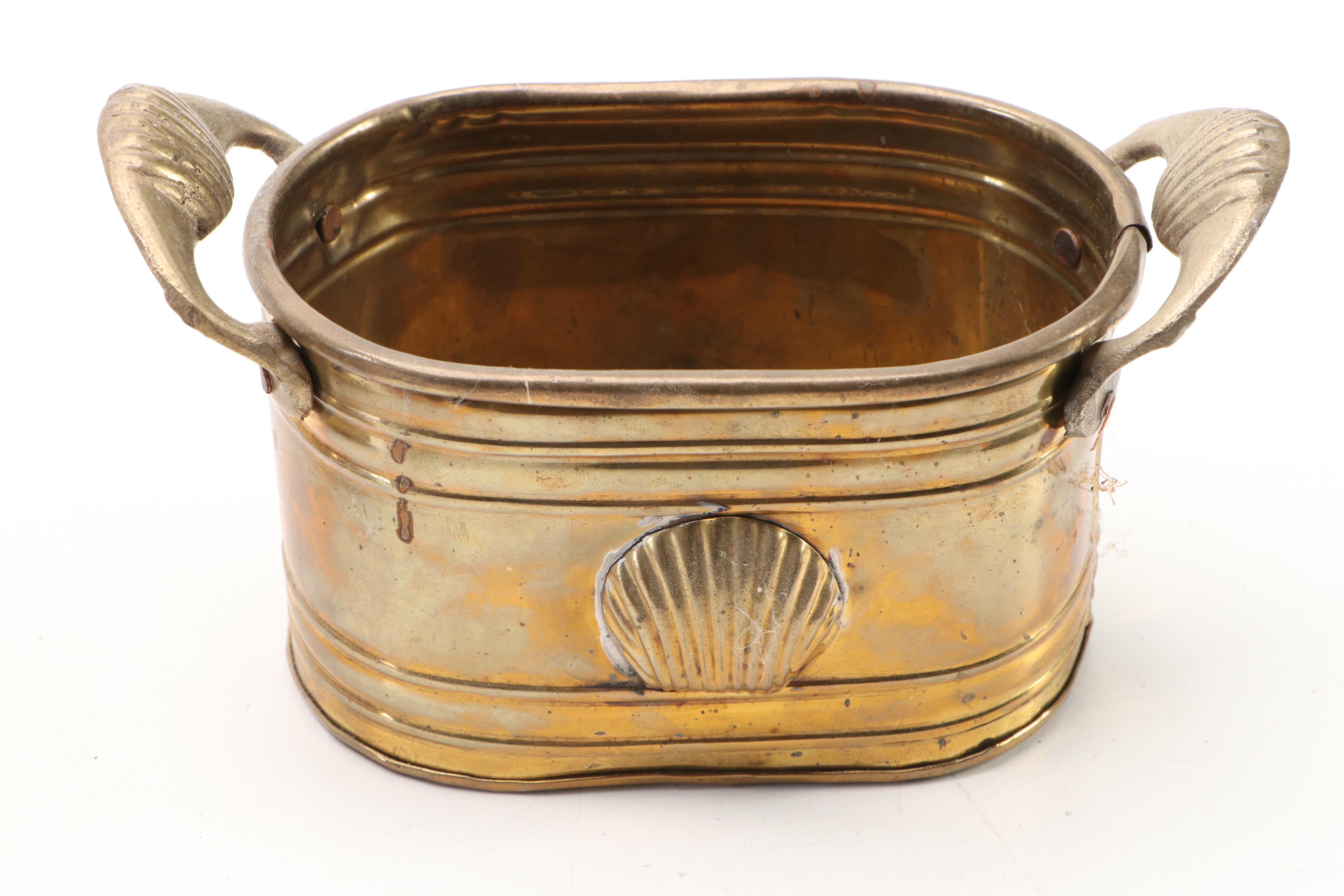 Indian Etched Brass Ewer, Handled Brass Planters, and Other Brass Décor