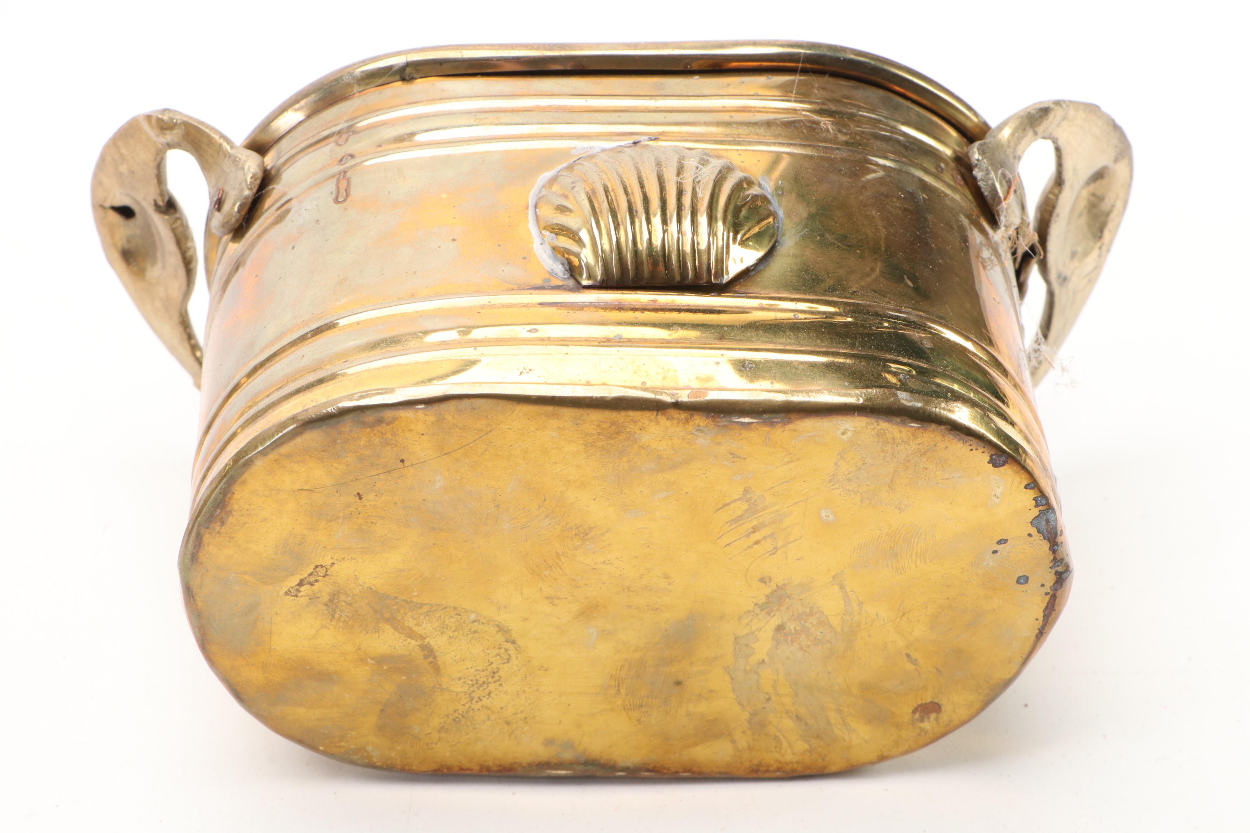 Indian Etched Brass Ewer, Handled Brass Planters, and Other Brass Décor