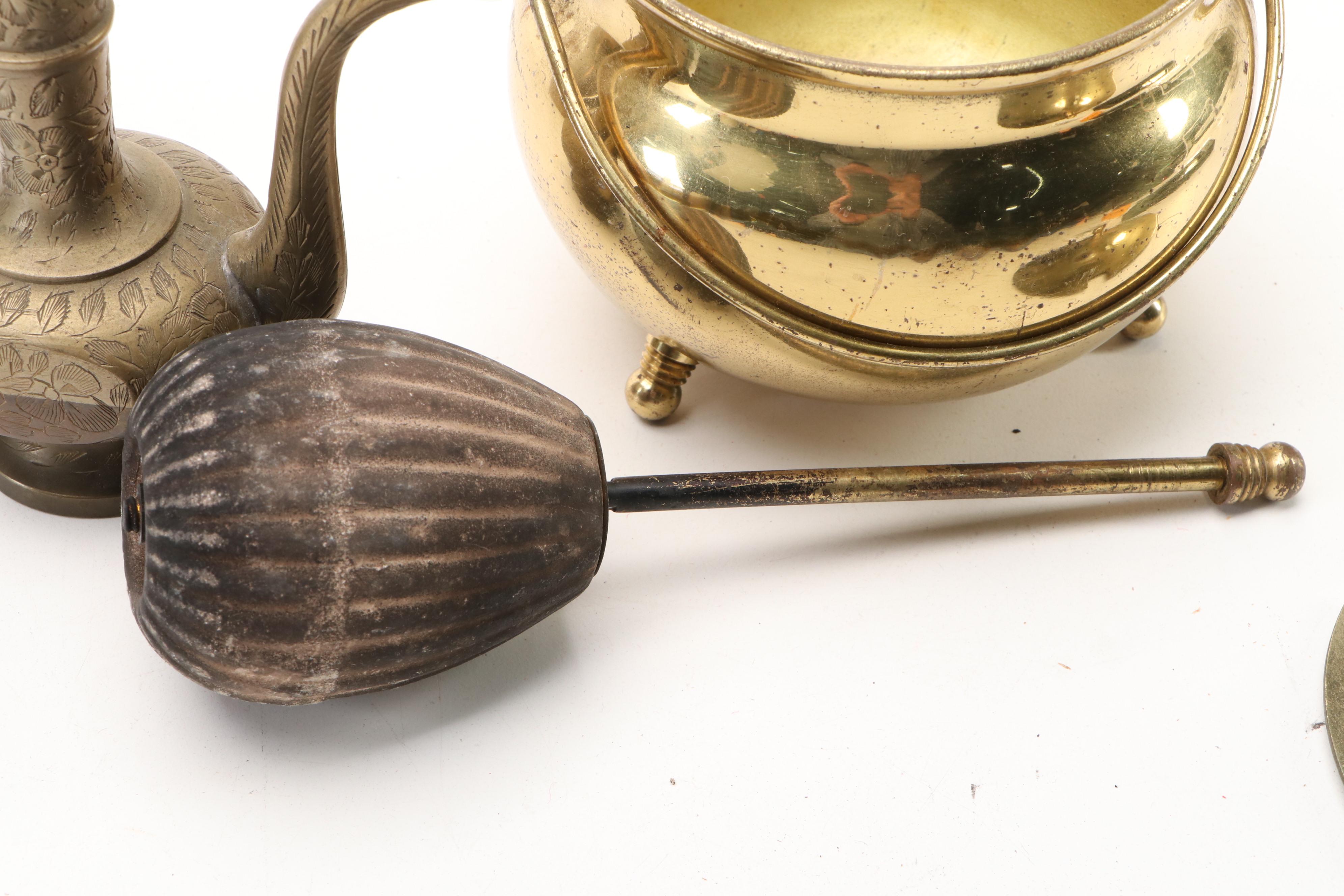 Indian Etched Brass Ewer, Handled Brass Planters, and Other Brass Décor