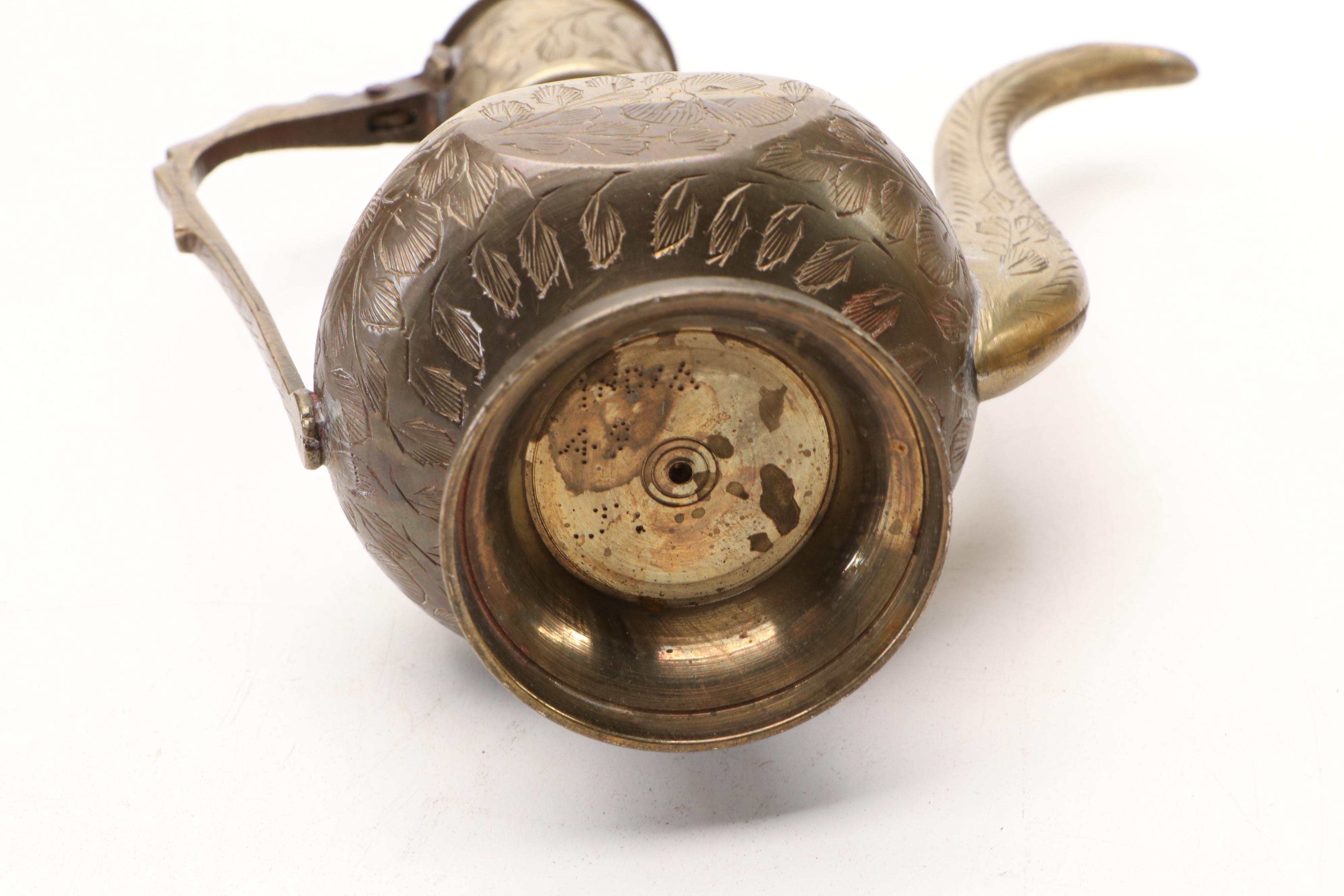 Indian Etched Brass Ewer, Handled Brass Planters, and Other Brass Décor