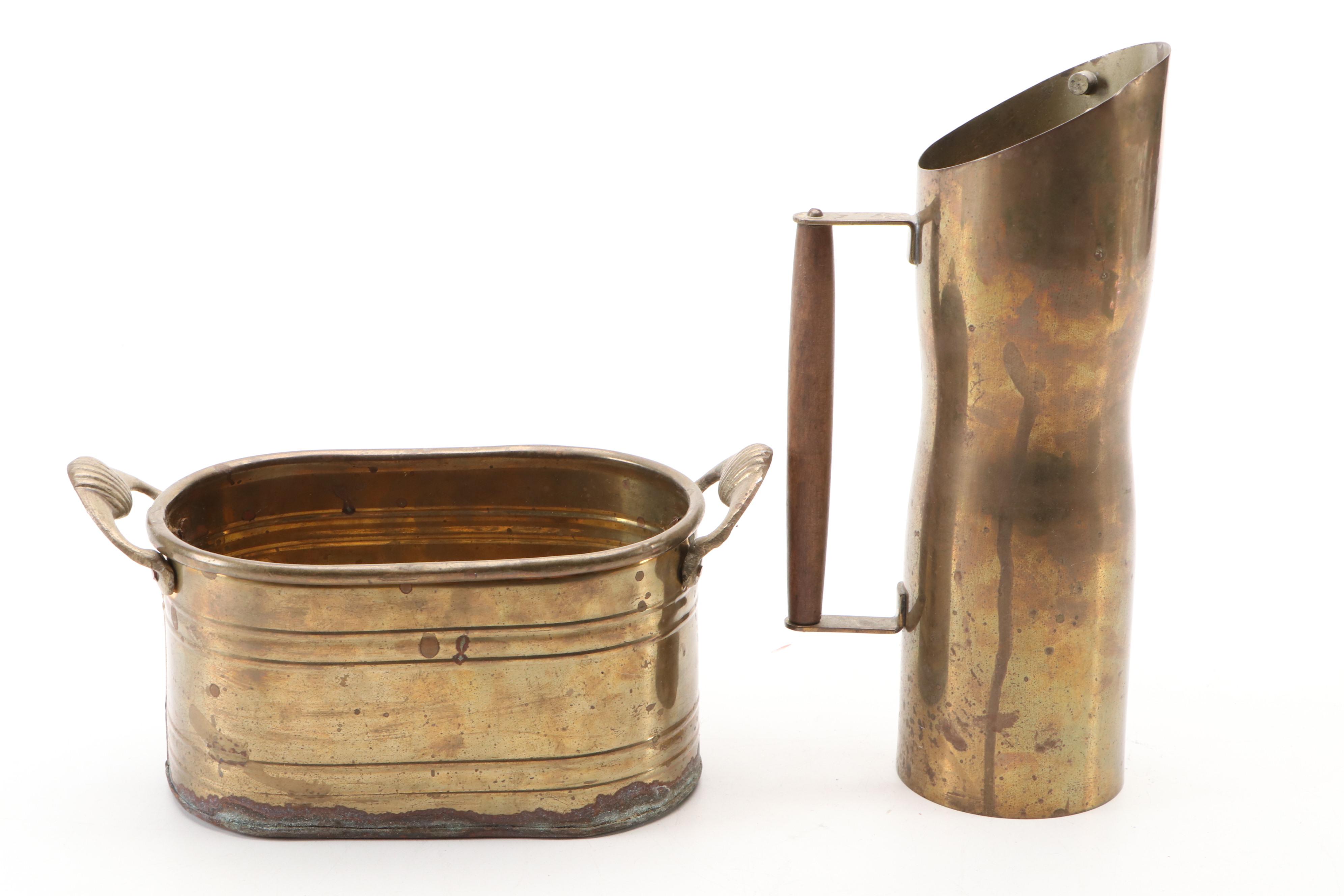 Indian Etched Brass Ewer, Handled Brass Planters, and Other Brass Décor