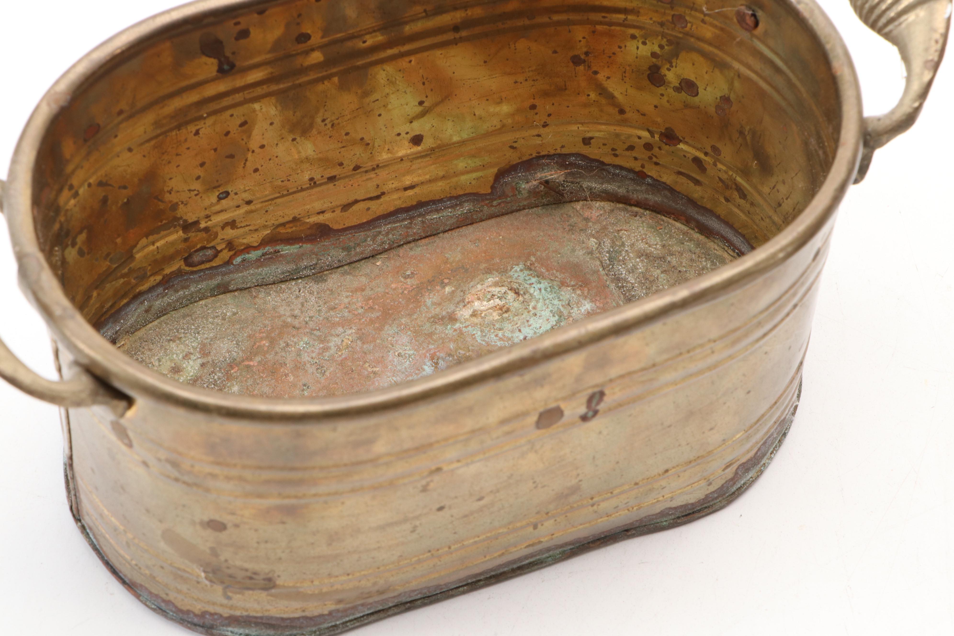 Indian Etched Brass Ewer, Handled Brass Planters, and Other Brass Décor