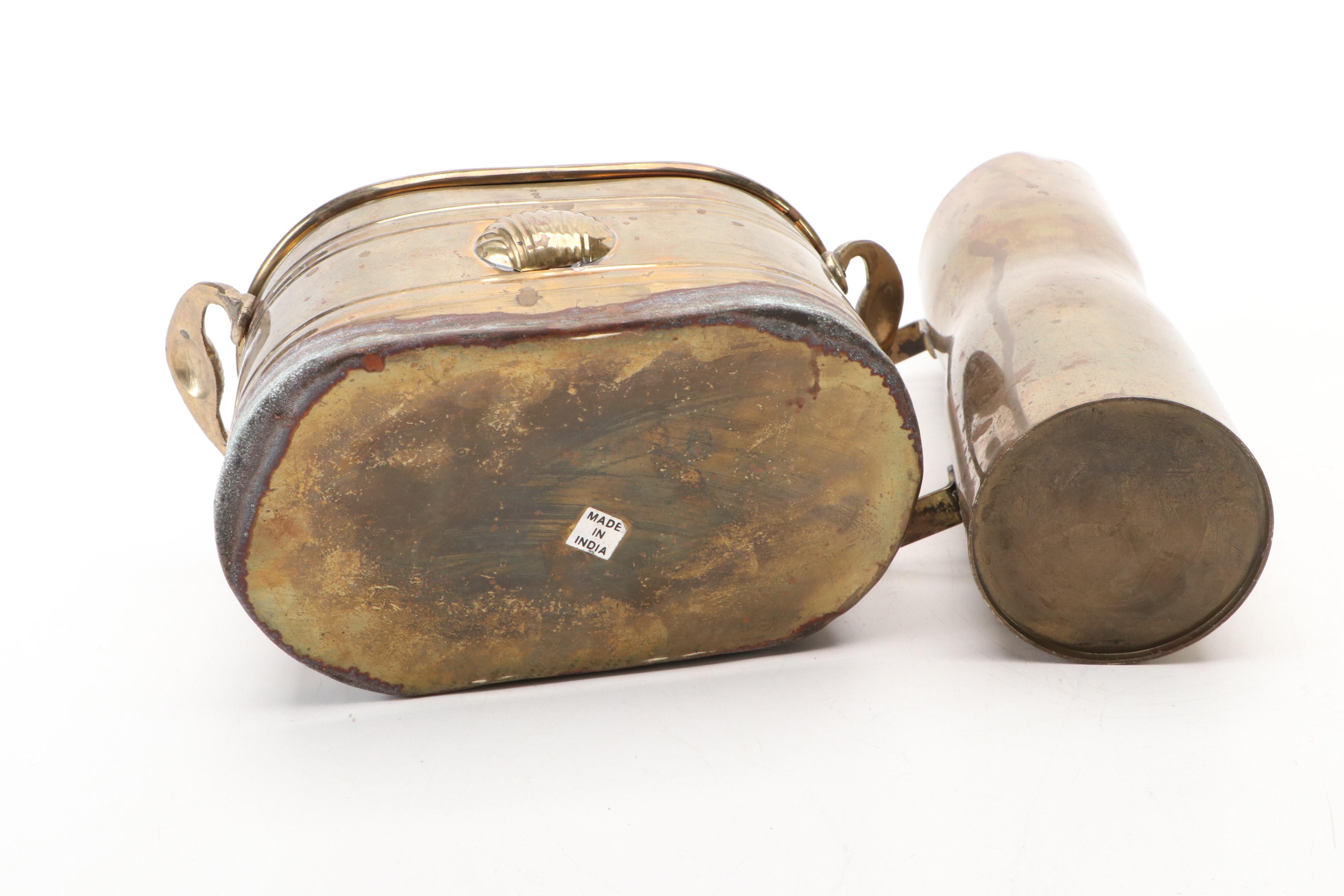 Indian Etched Brass Ewer, Handled Brass Planters, and Other Brass Décor