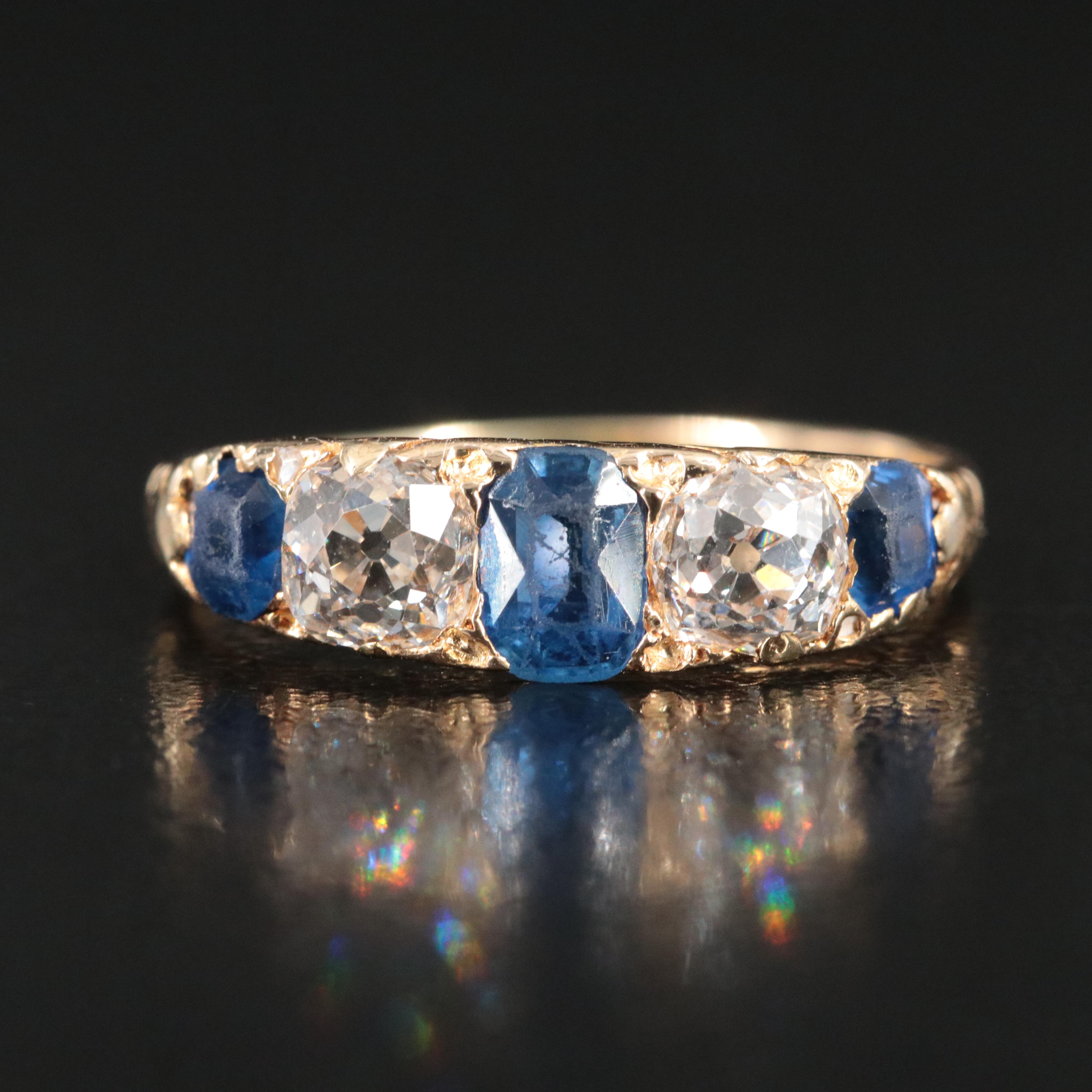 Early 1900s 18K Alternating Sapphire and Diamond Scrollwork Ring