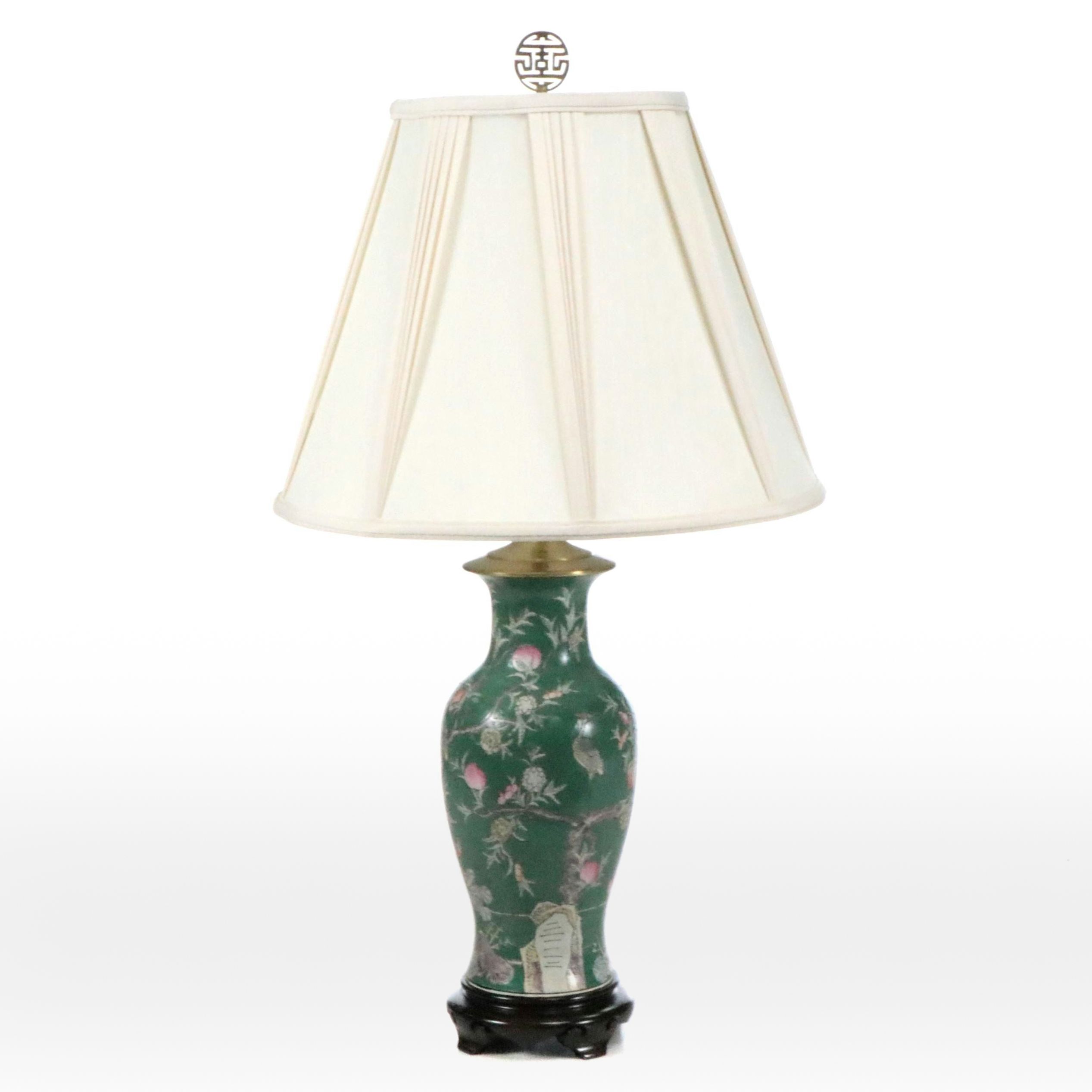 Chinese Porcelain Peach Tree and Crane Vase Table Lamp, Silk Pleat-Fold Shade