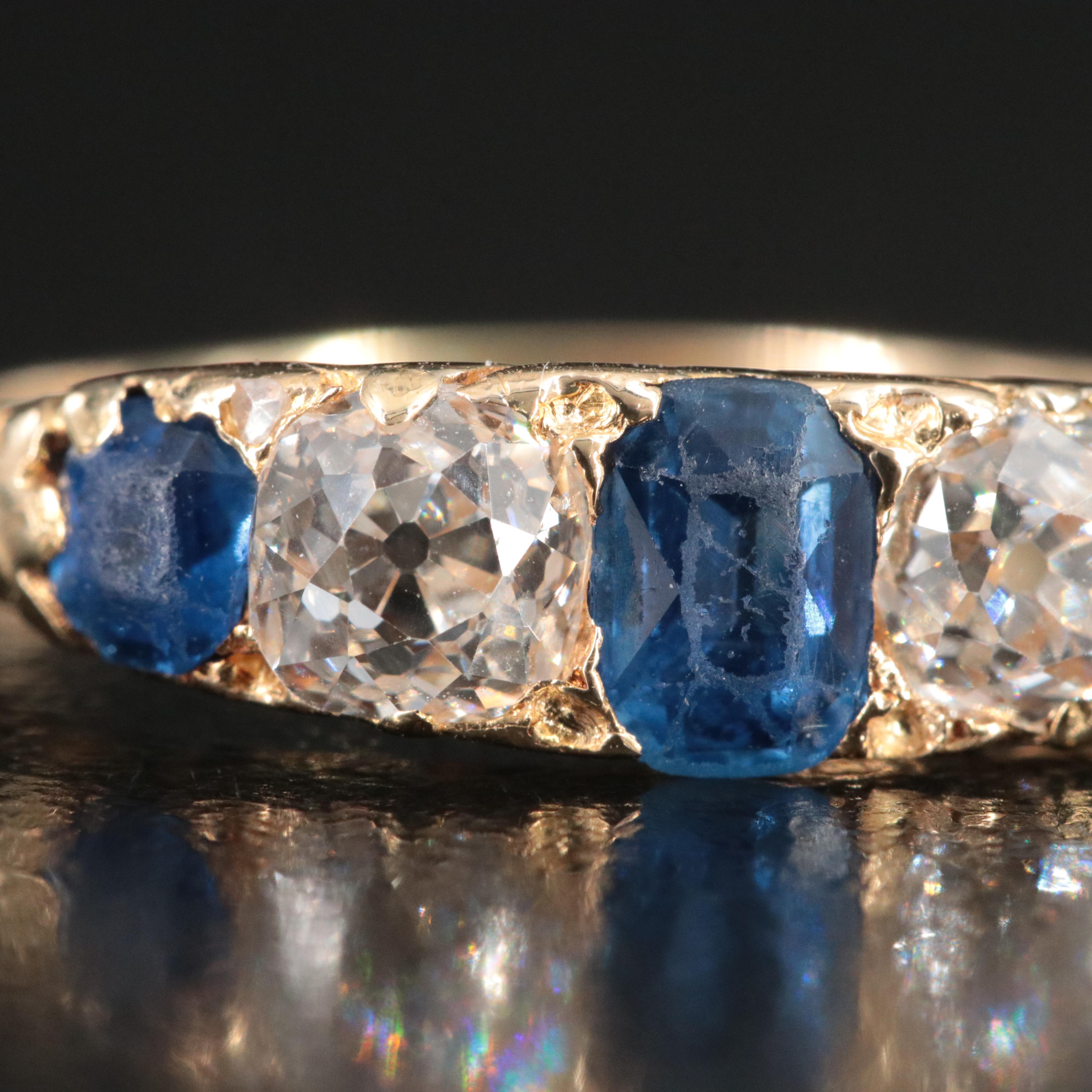 Early 1900s 18K Alternating Sapphire and Diamond Scrollwork Ring