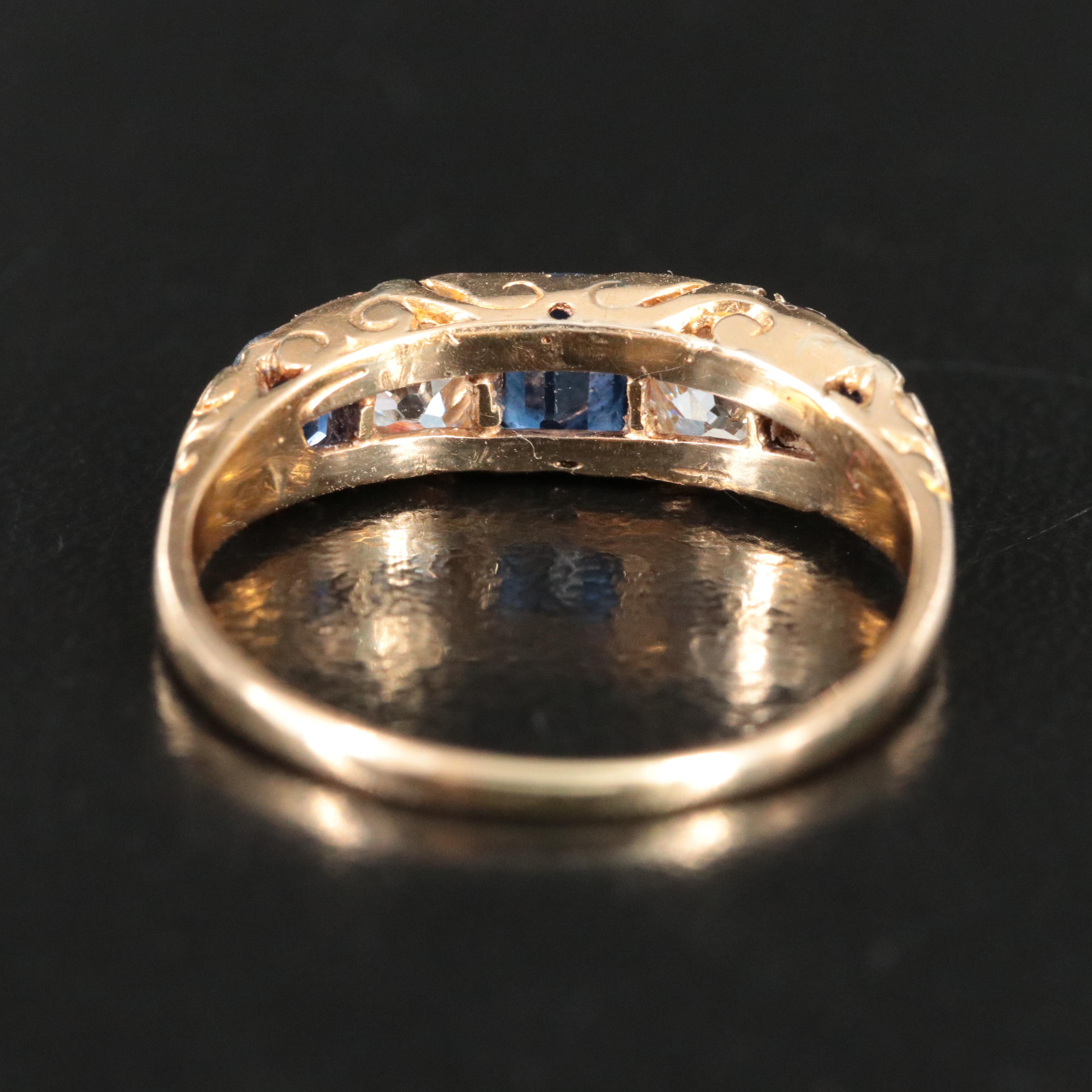 Early 1900s 18K Alternating Sapphire and Diamond Scrollwork Ring