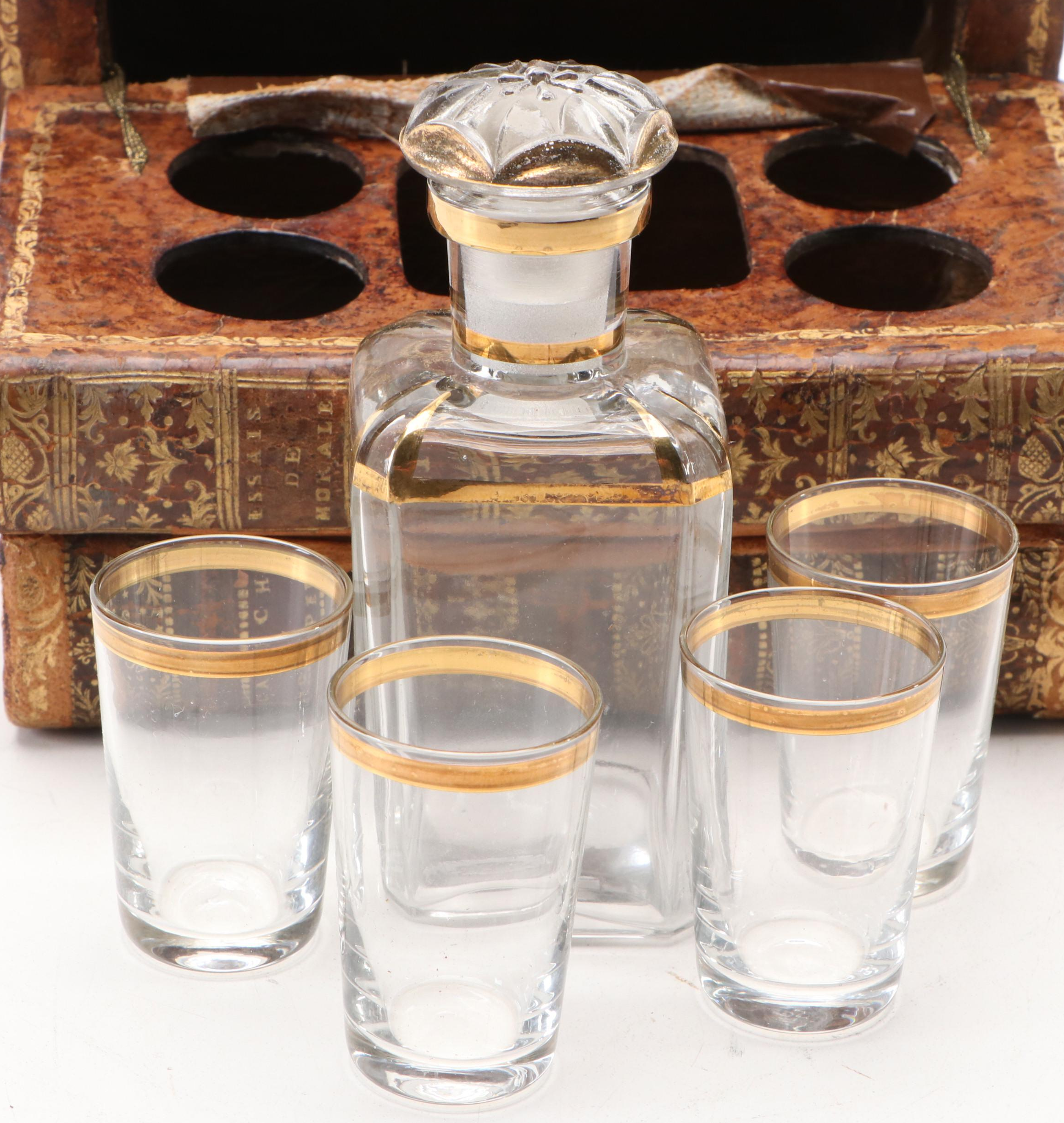 French Faux Book Tantalus Box with Decanter Set, 19th Century