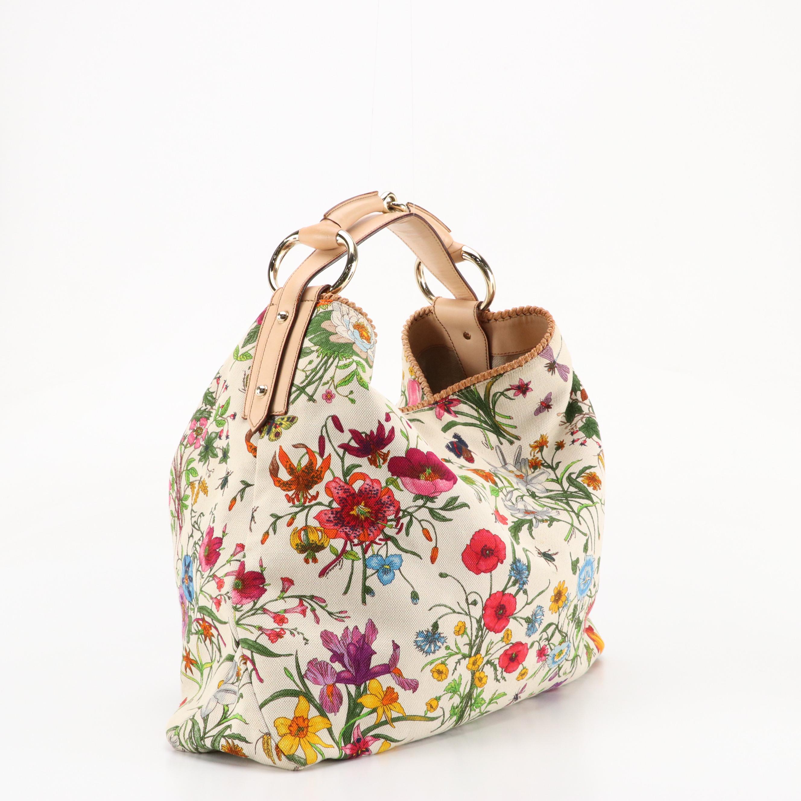 Gucci Flora Canvas Horsebit Handle Hobo Bag with Braided Leather Trim