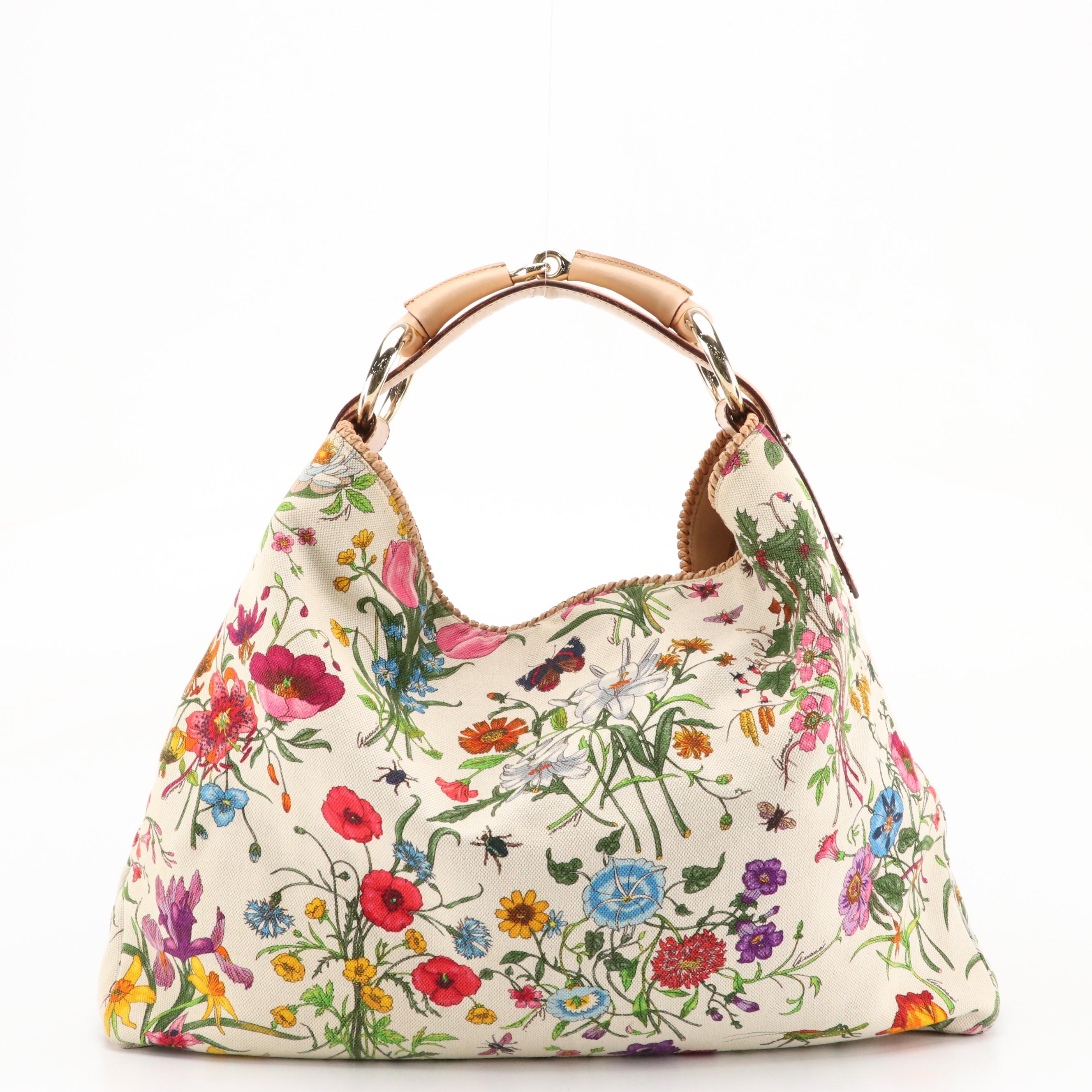Gucci Flora Canvas Horsebit Handle Hobo Bag with Braided Leather Trim