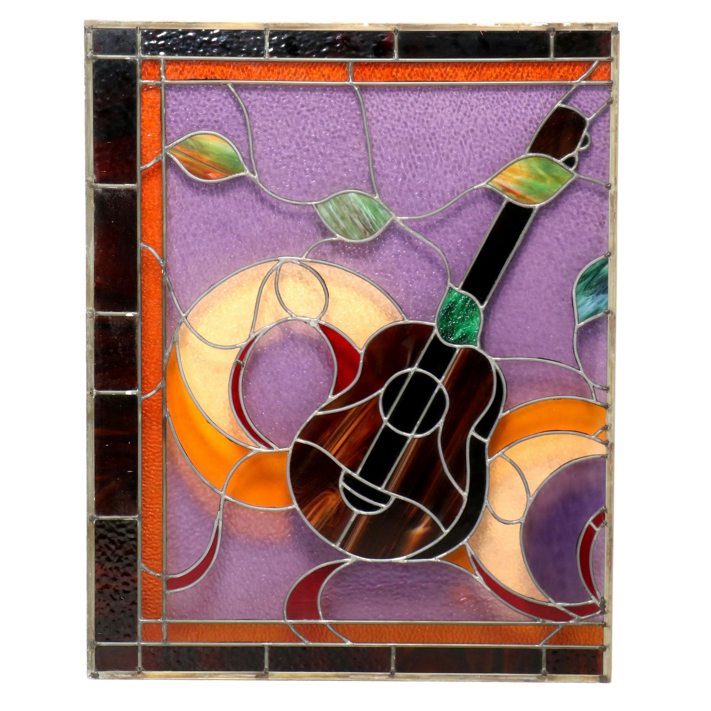 Stained Glass Guitar Motif Part Panel, Mid/ Late 20th Century