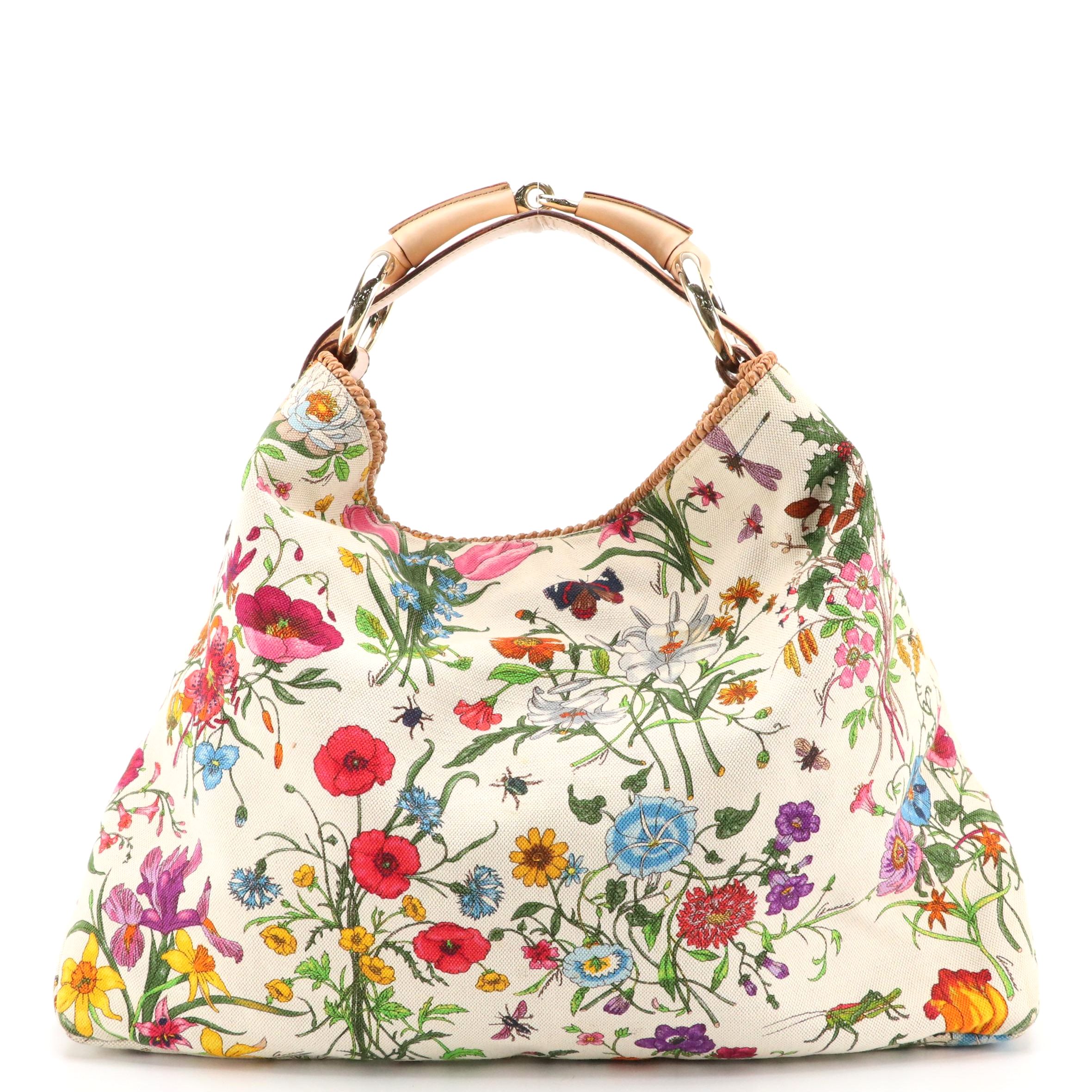 Gucci Flora Canvas Horsebit Handle Hobo Bag with Braided Leather Trim