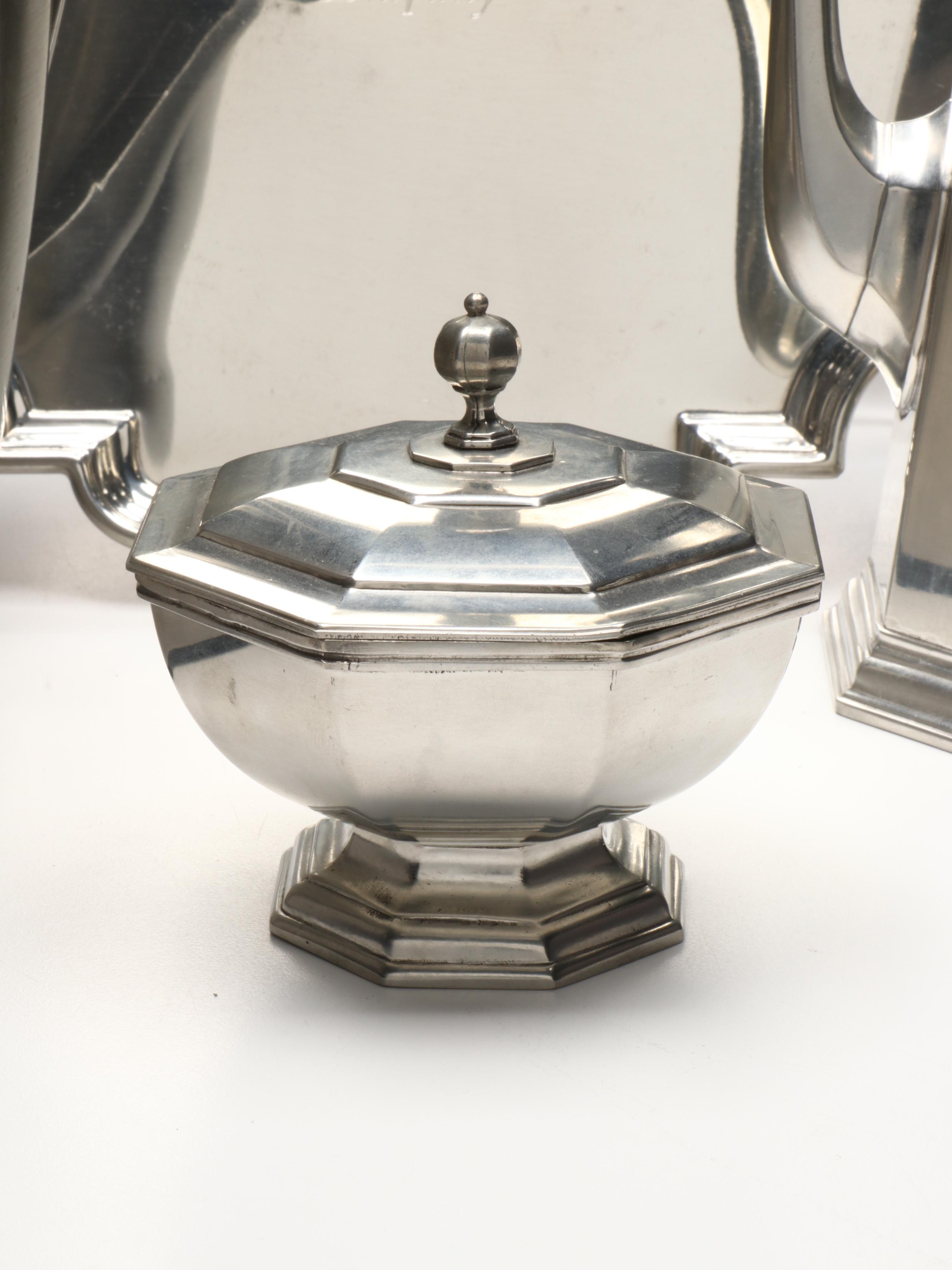 Colonial Style Pewter Coffee Set with Tableware and Accessories