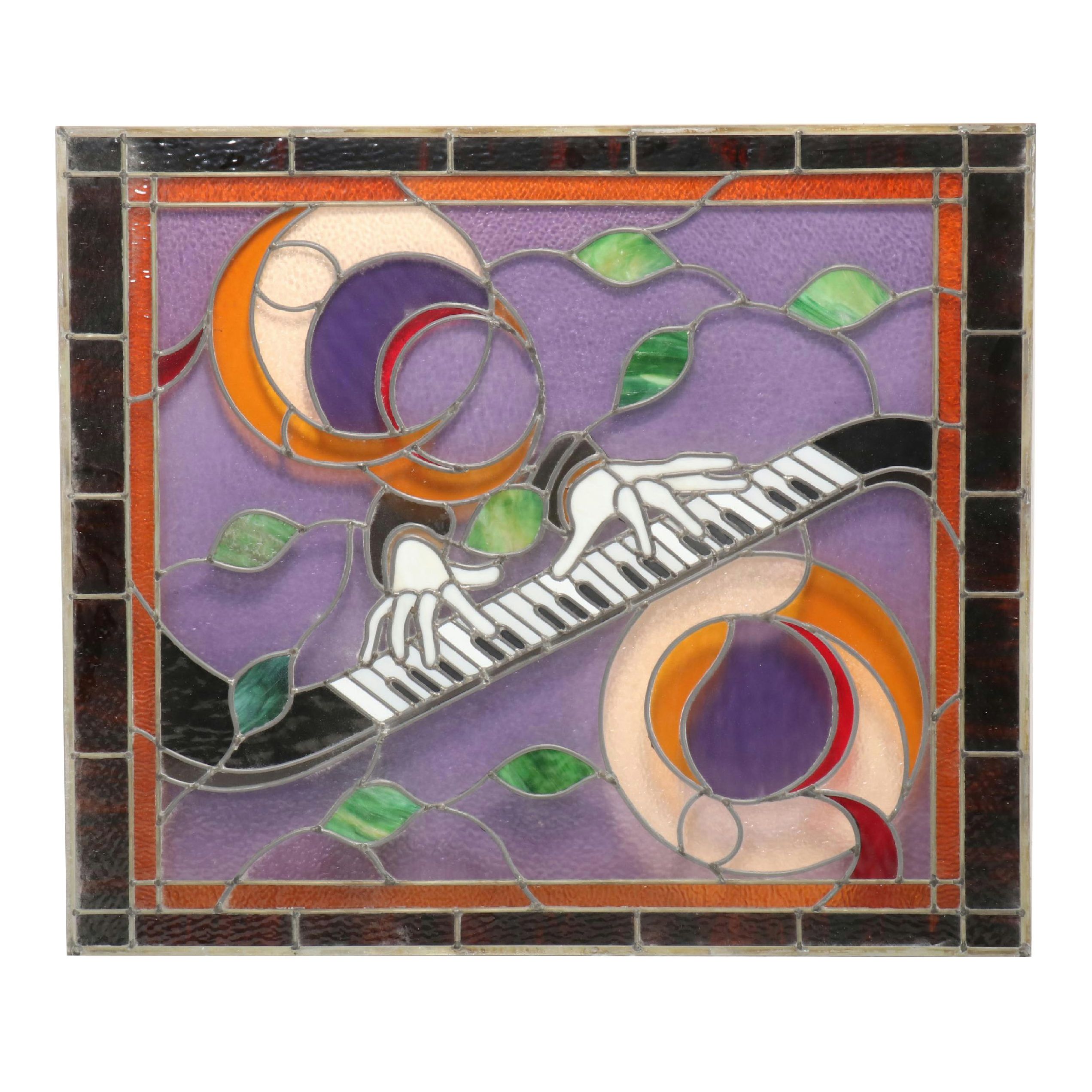 Stained Glass Keyboard and Hands Panel, Mid/ Late 20th Century
