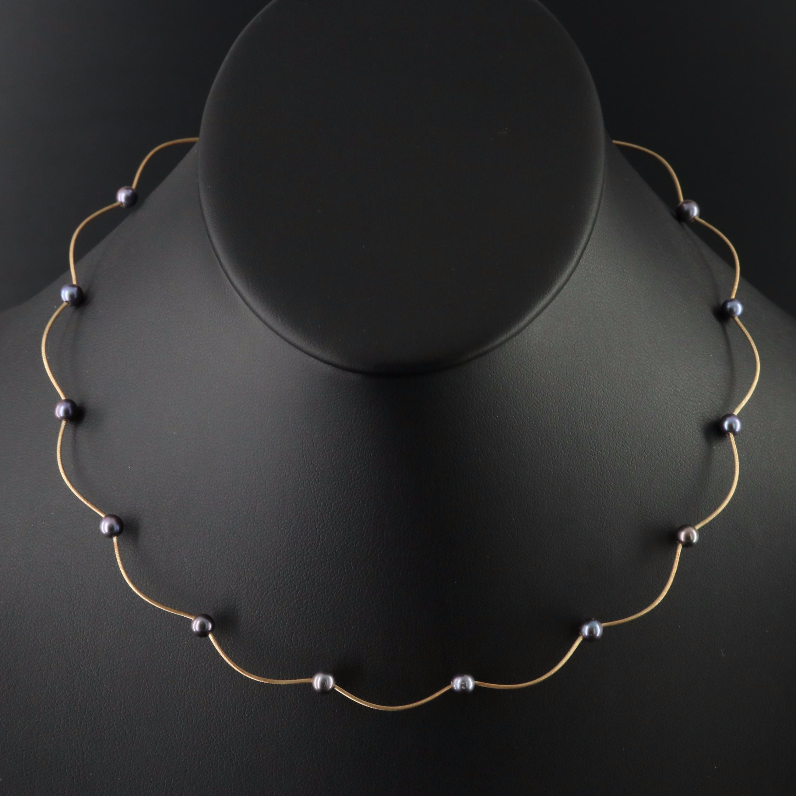 14K Pearl Station Wire Cable Necklace