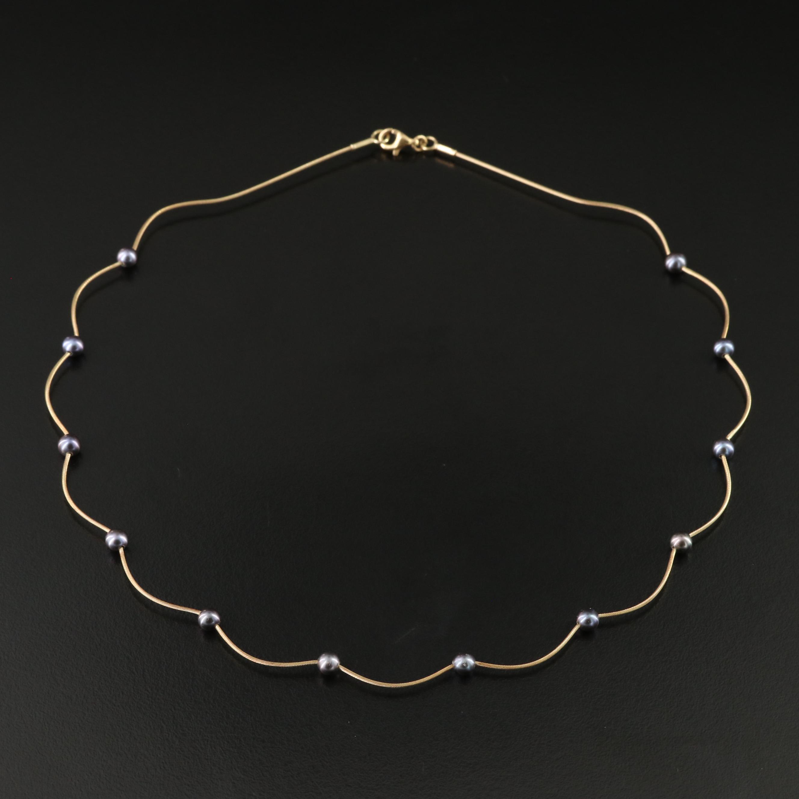 14K Pearl Station Wire Cable Necklace