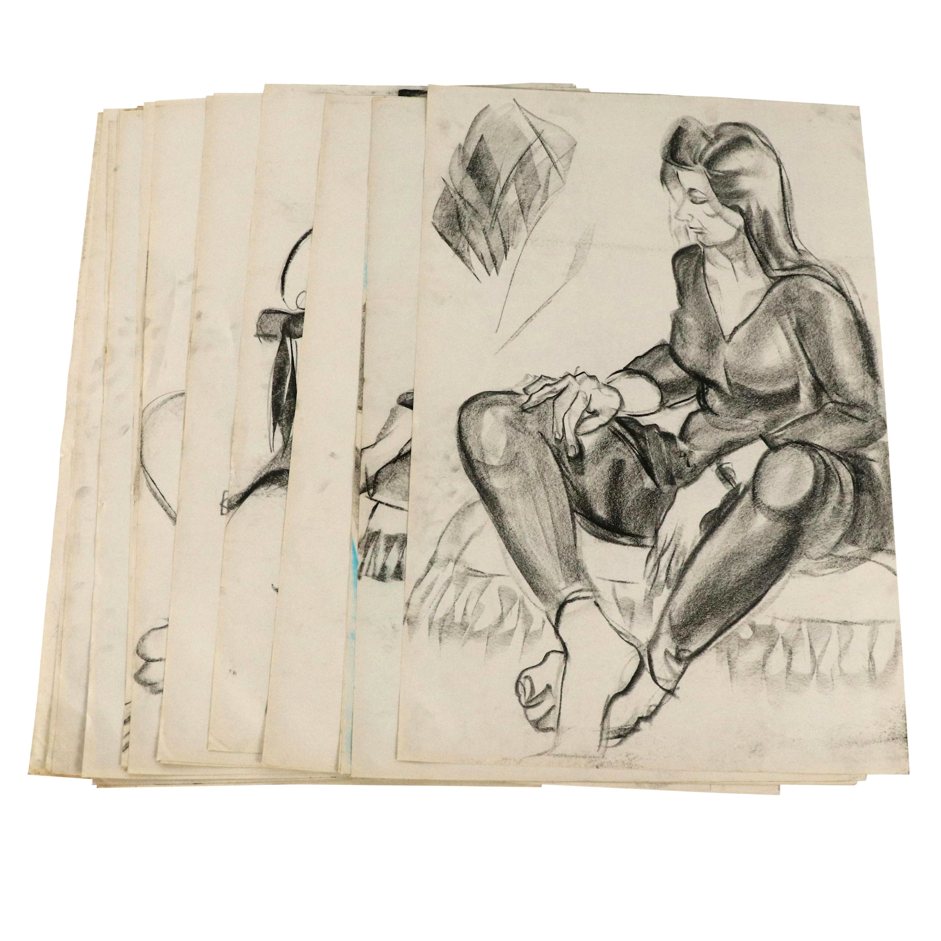 Over 20 Paul Wagener Figural Charcoal Drawings, Late 20th Century