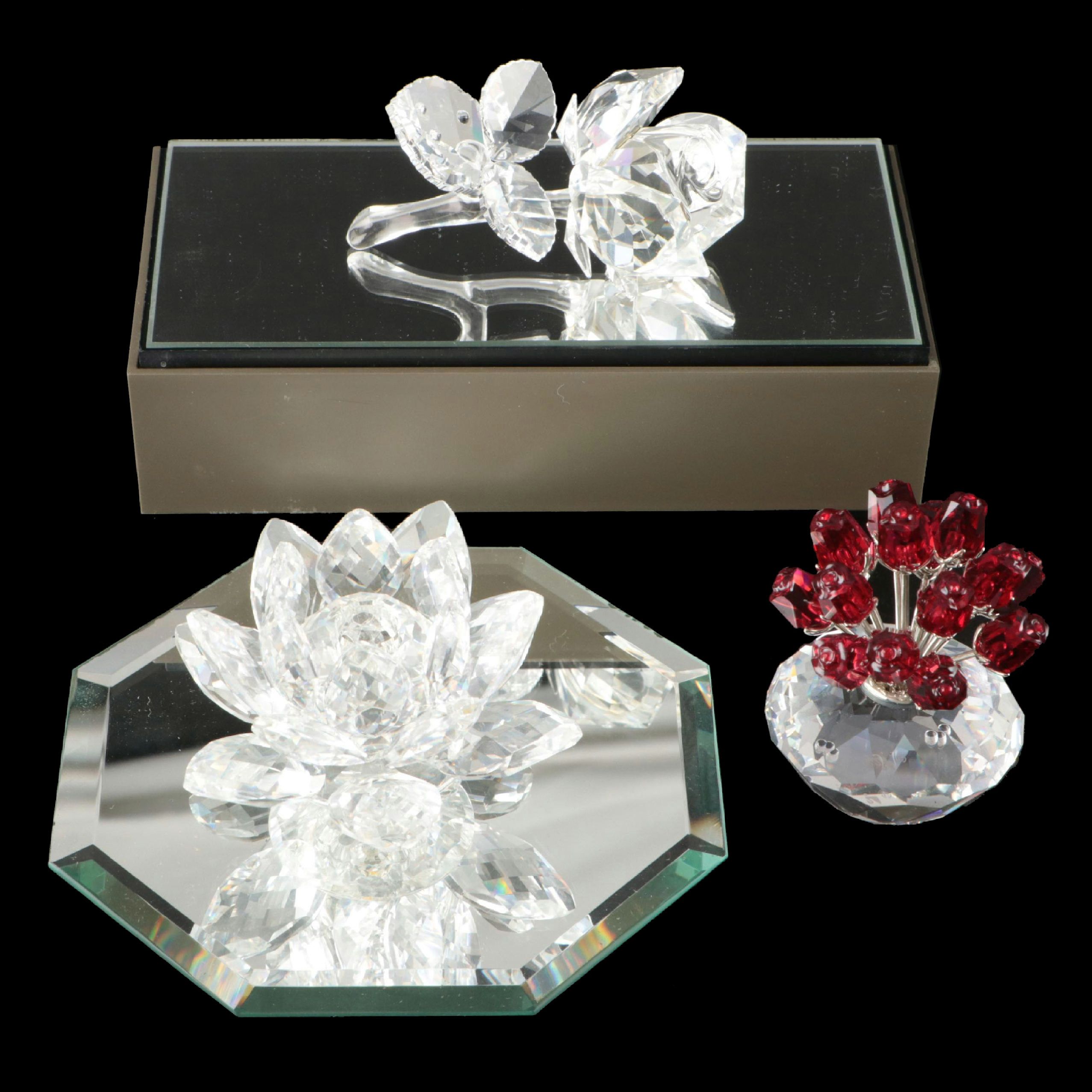 Swarovski "The Rose," "Small Water Lily" and "Vase of Roses" Crystal Figurines