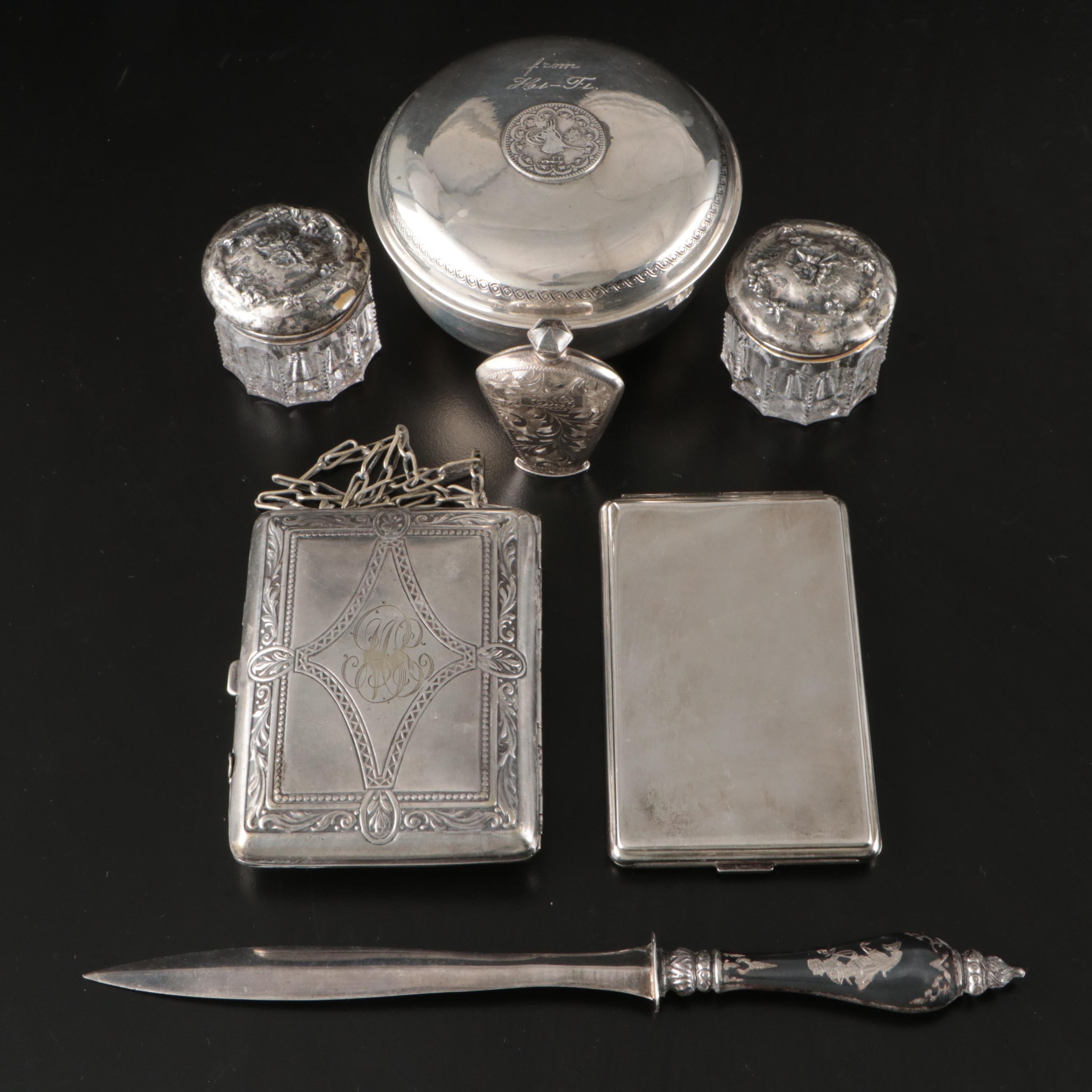 Sterling Perfume Flask, Siam Niello Letter Opener, German Silver Purse More