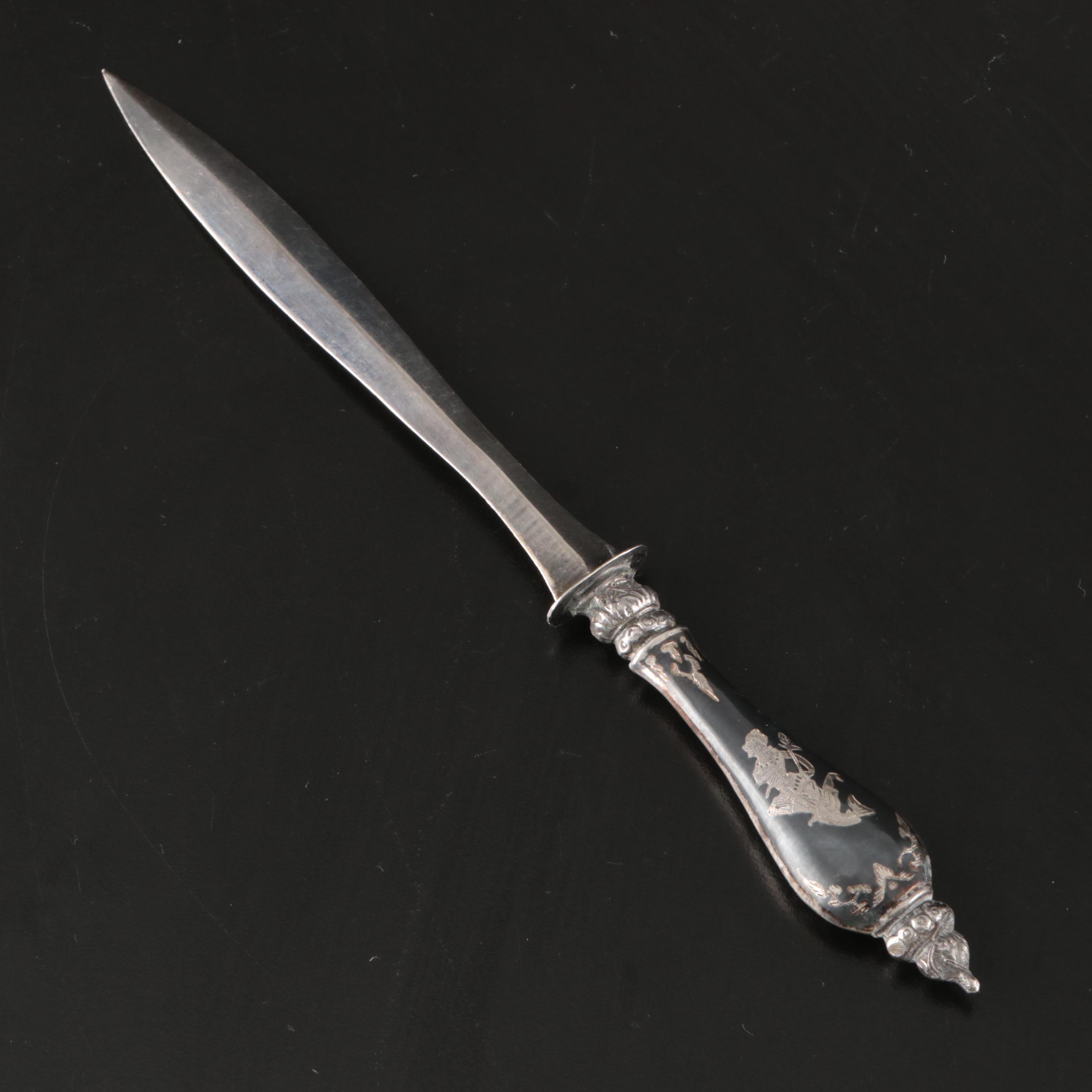 Sterling Perfume Flask, Siam Niello Letter Opener, German Silver Purse More