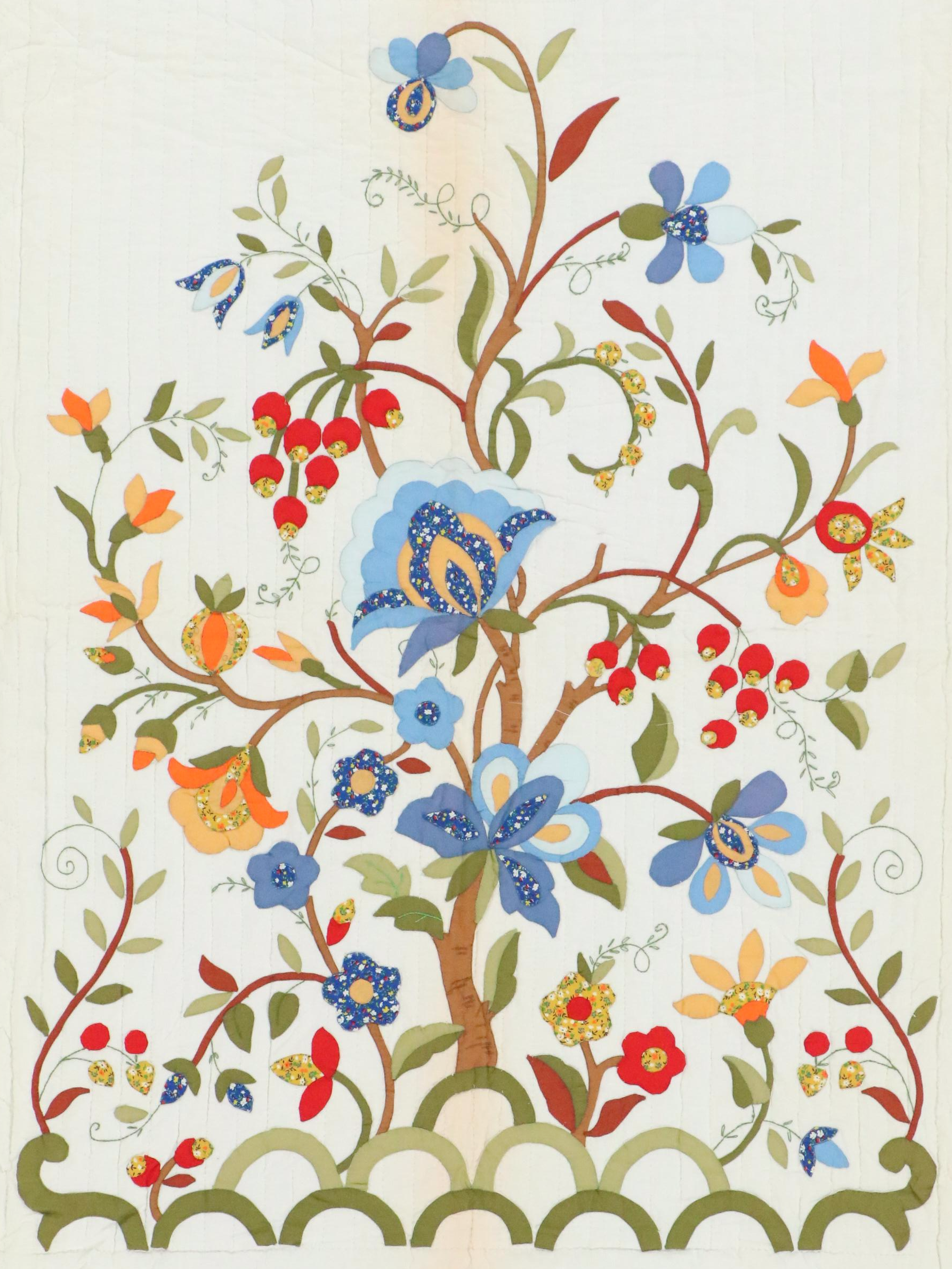 Handmade Tree of Life Applique Quilt on Wholecloth