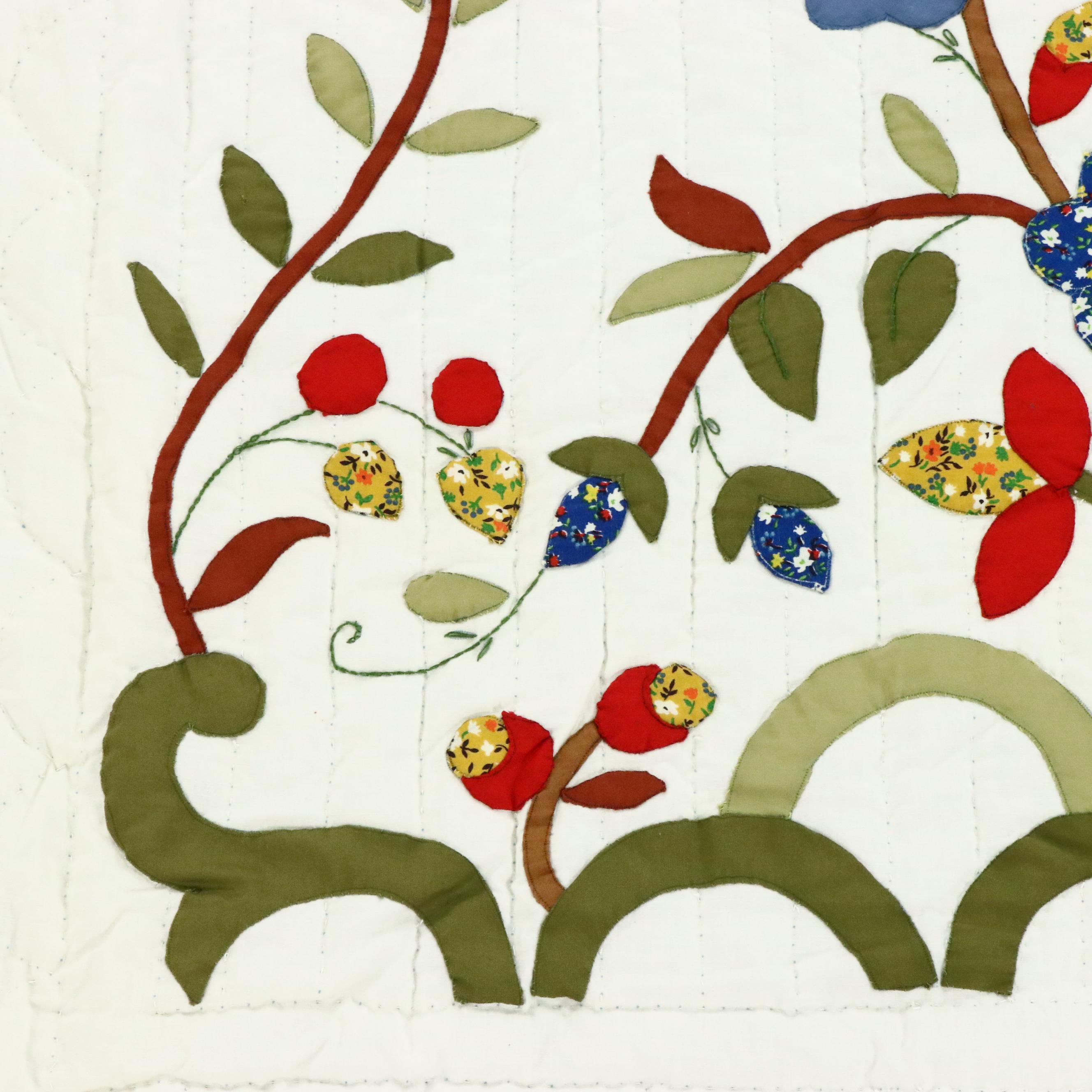 Handmade Tree of Life Applique Quilt on Wholecloth