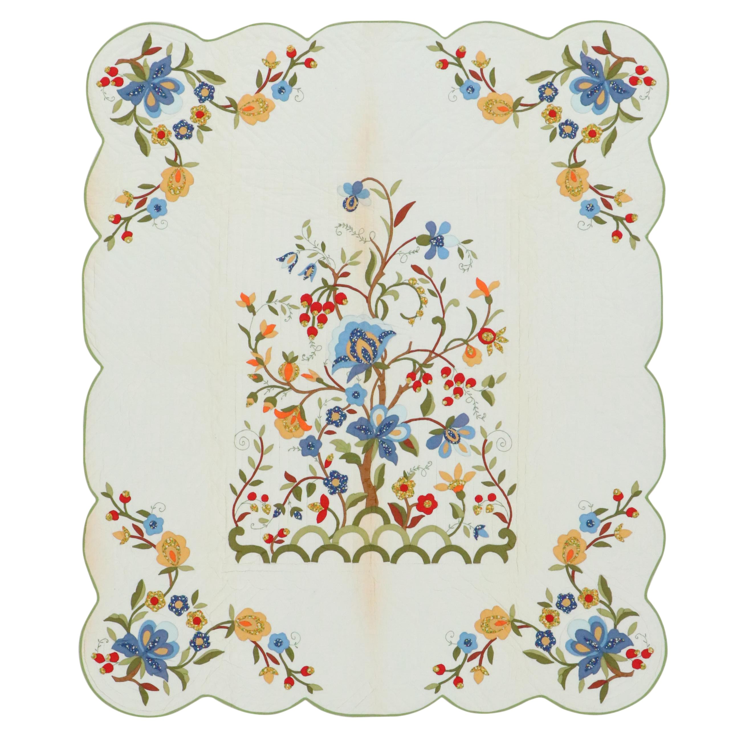 Handmade Tree of Life Applique Quilt on Wholecloth