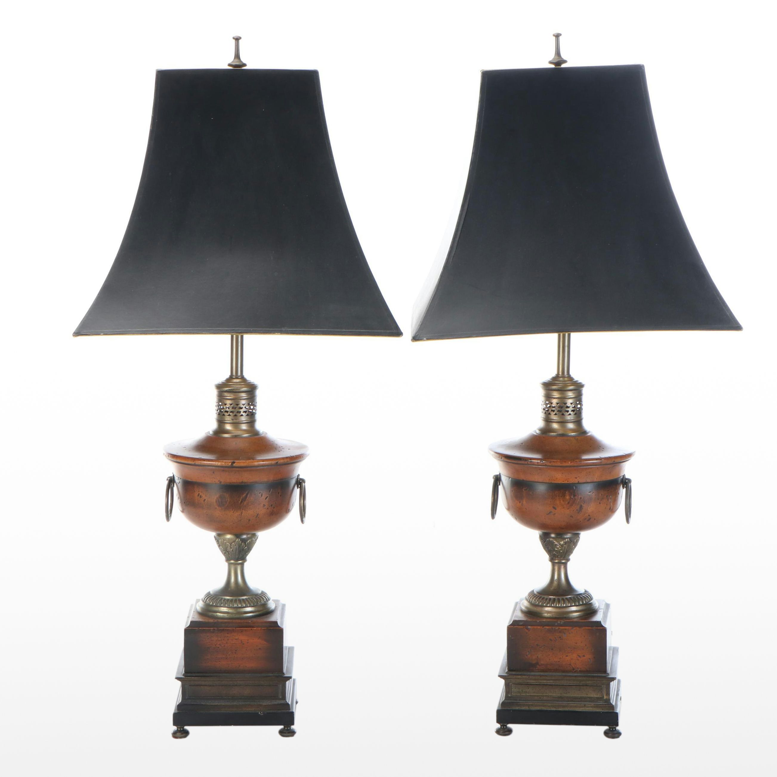 Frederick Cooper Brass and Wood Urn Table Lamps with Black Paper Shades