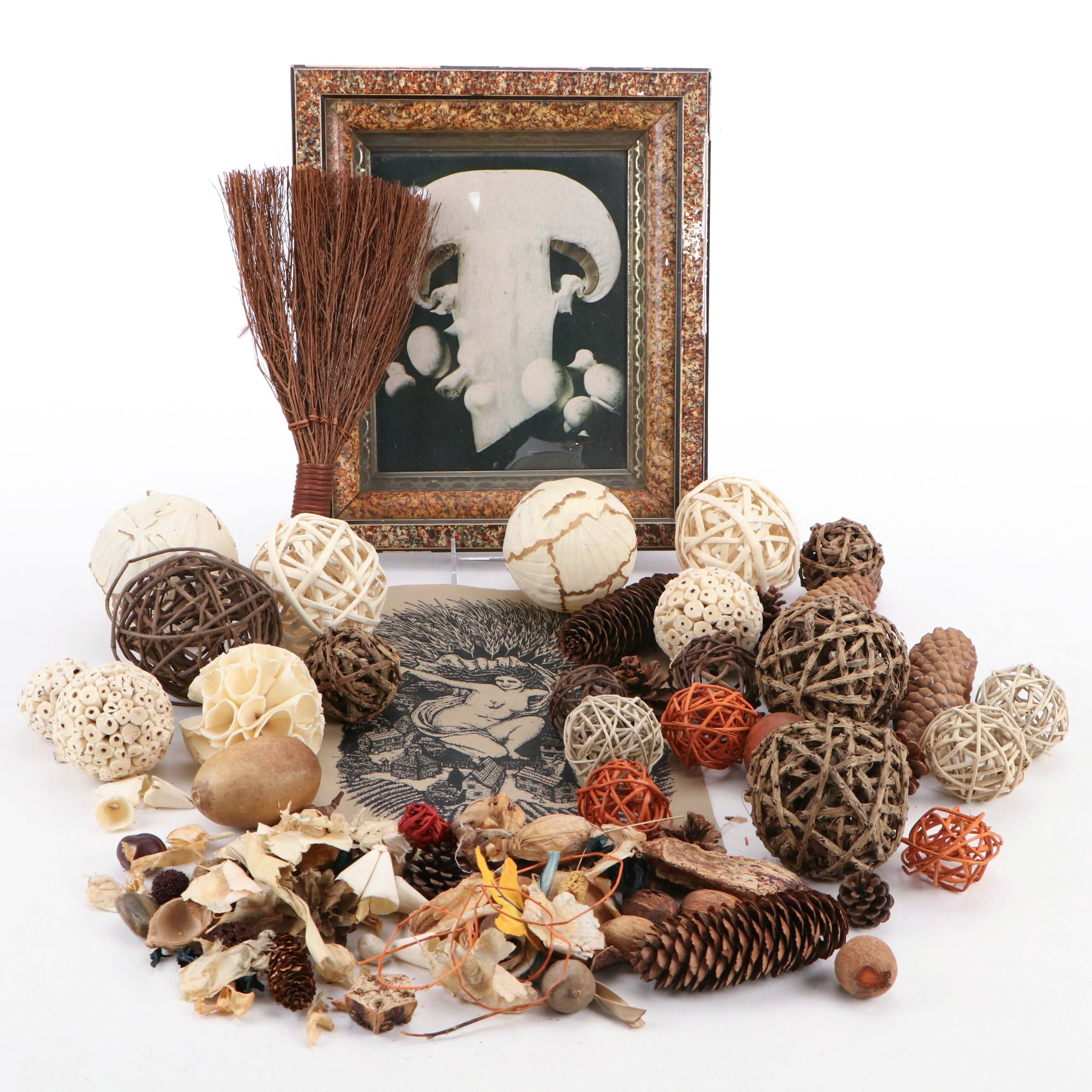 Mini Twig Hearth Broom, Mushroom Wall Art, Woven Reed Orbs and More
